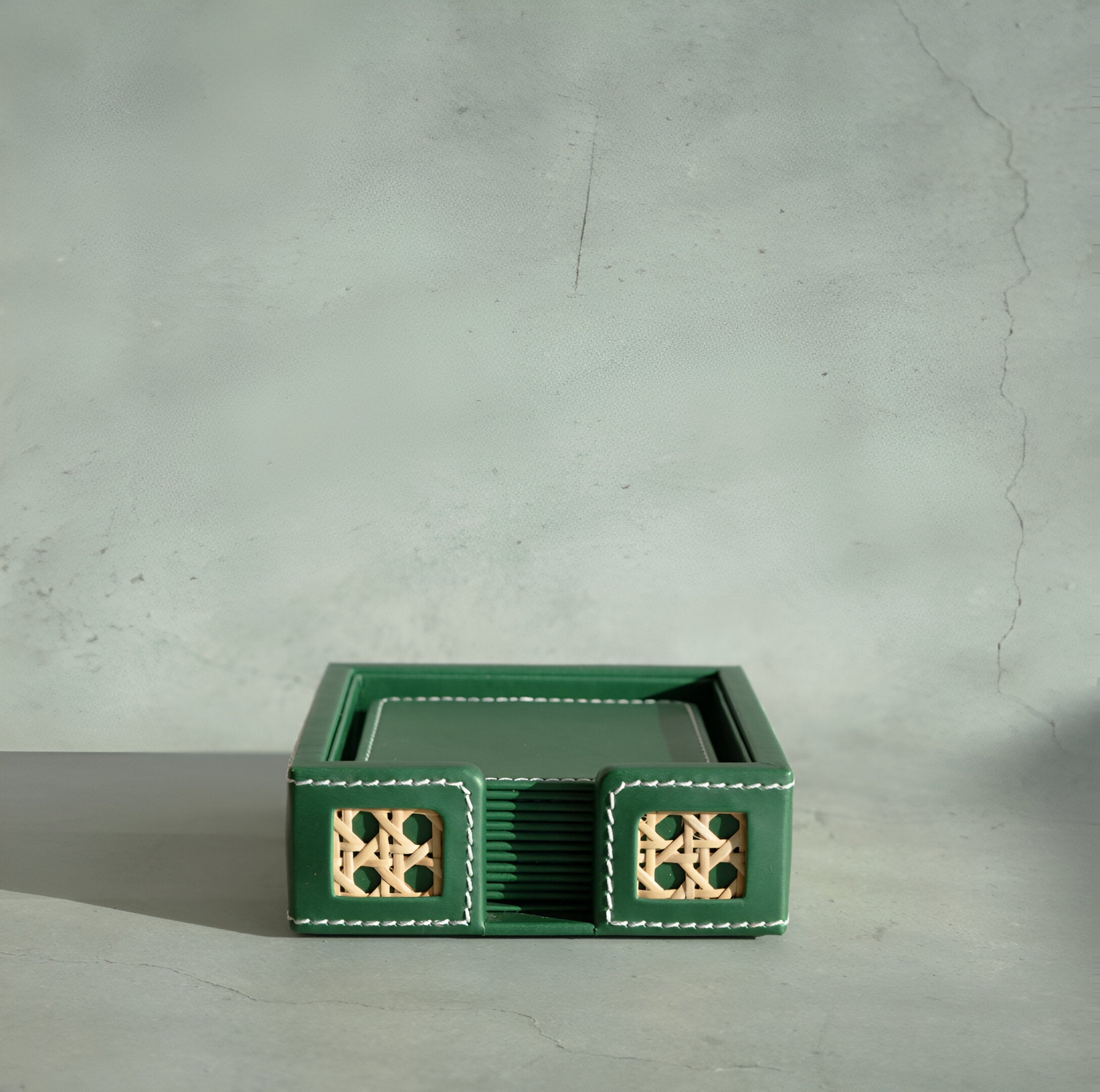 Emerald Green PU Leather & Rattan Coasters - Set of 6