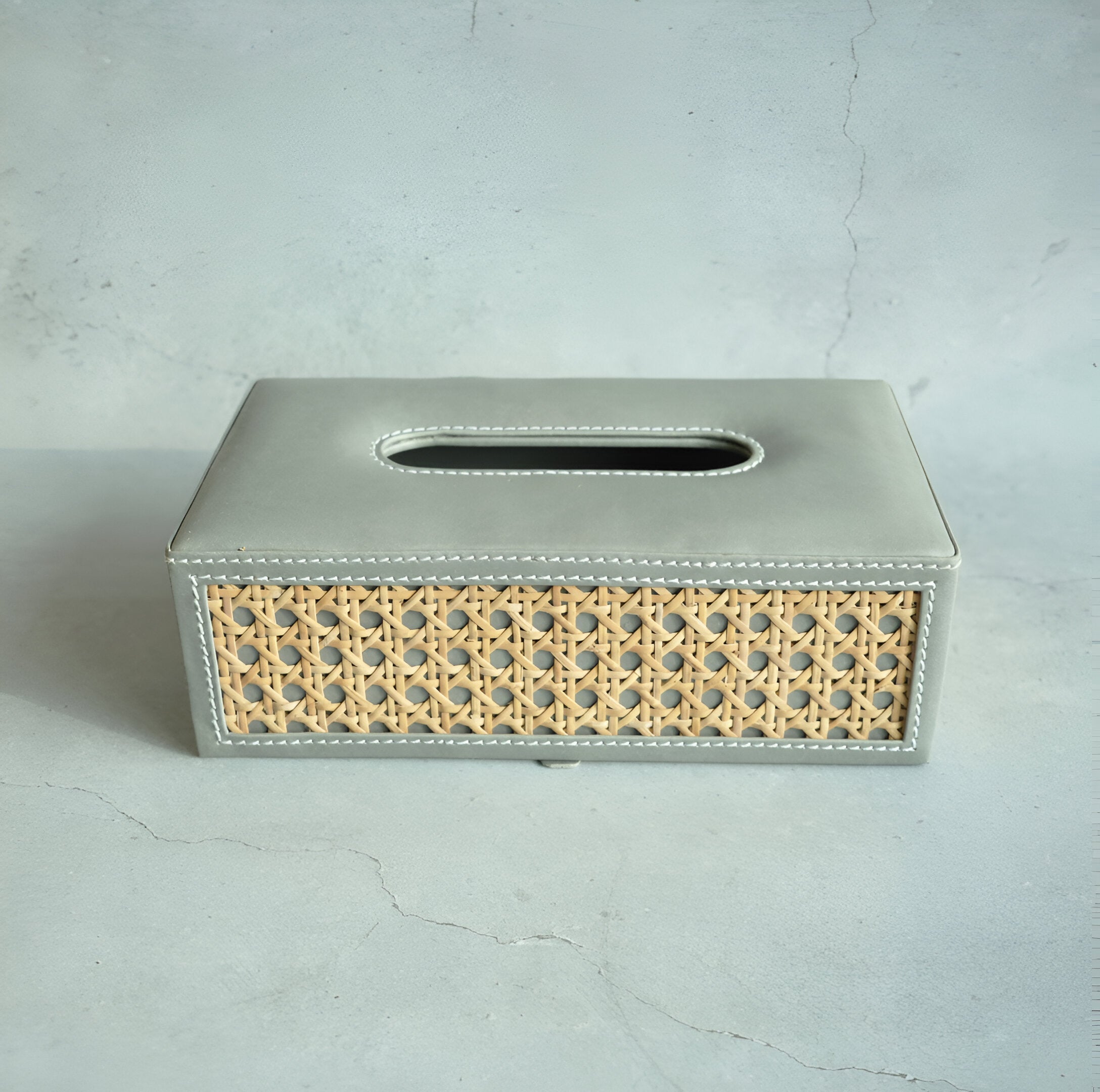 Stone Gray PU Leather & Rattan Tissue Box - Rectangle