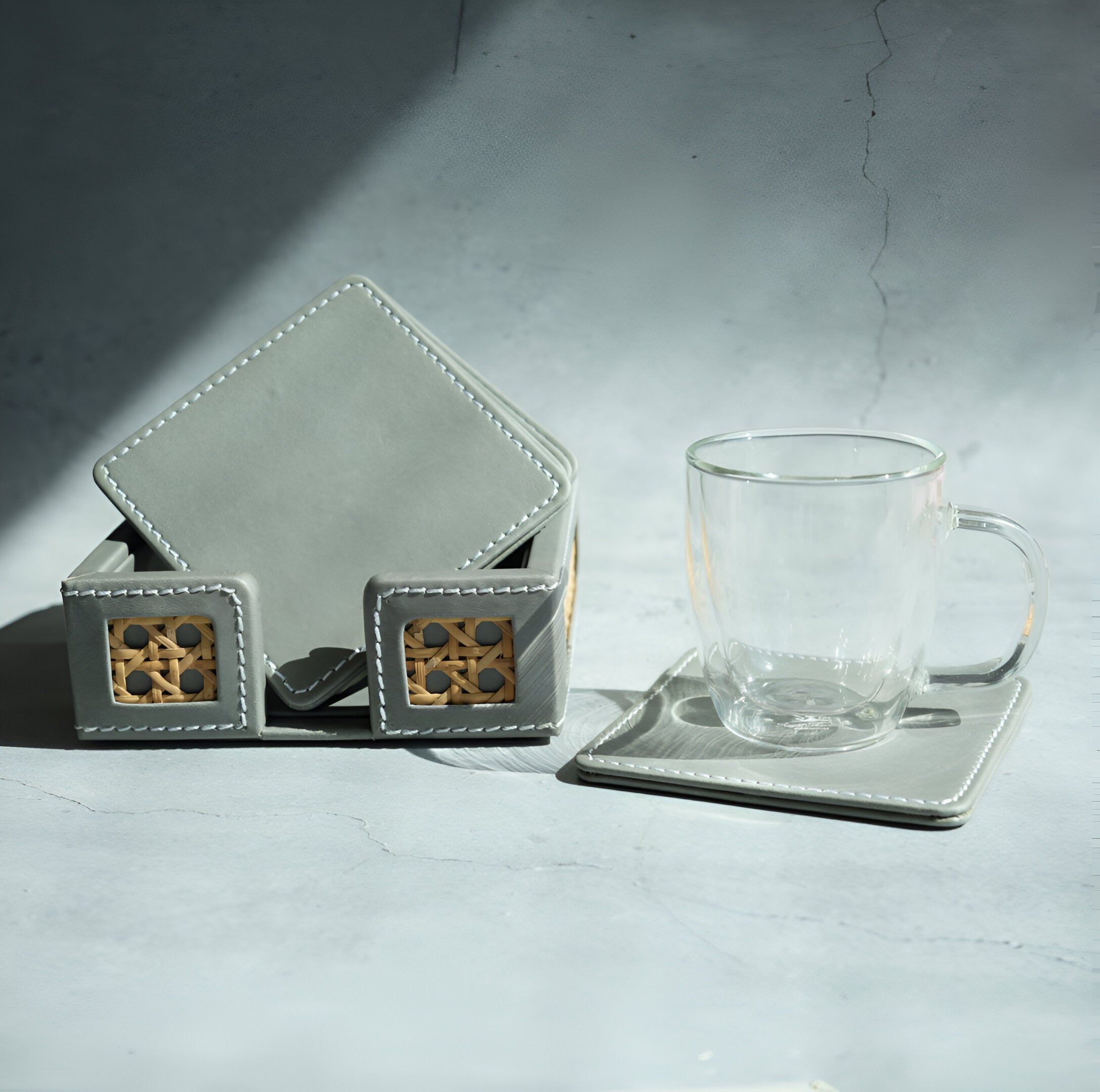 Stone Gray PU Leather & Rattan Coasters - Set of 6