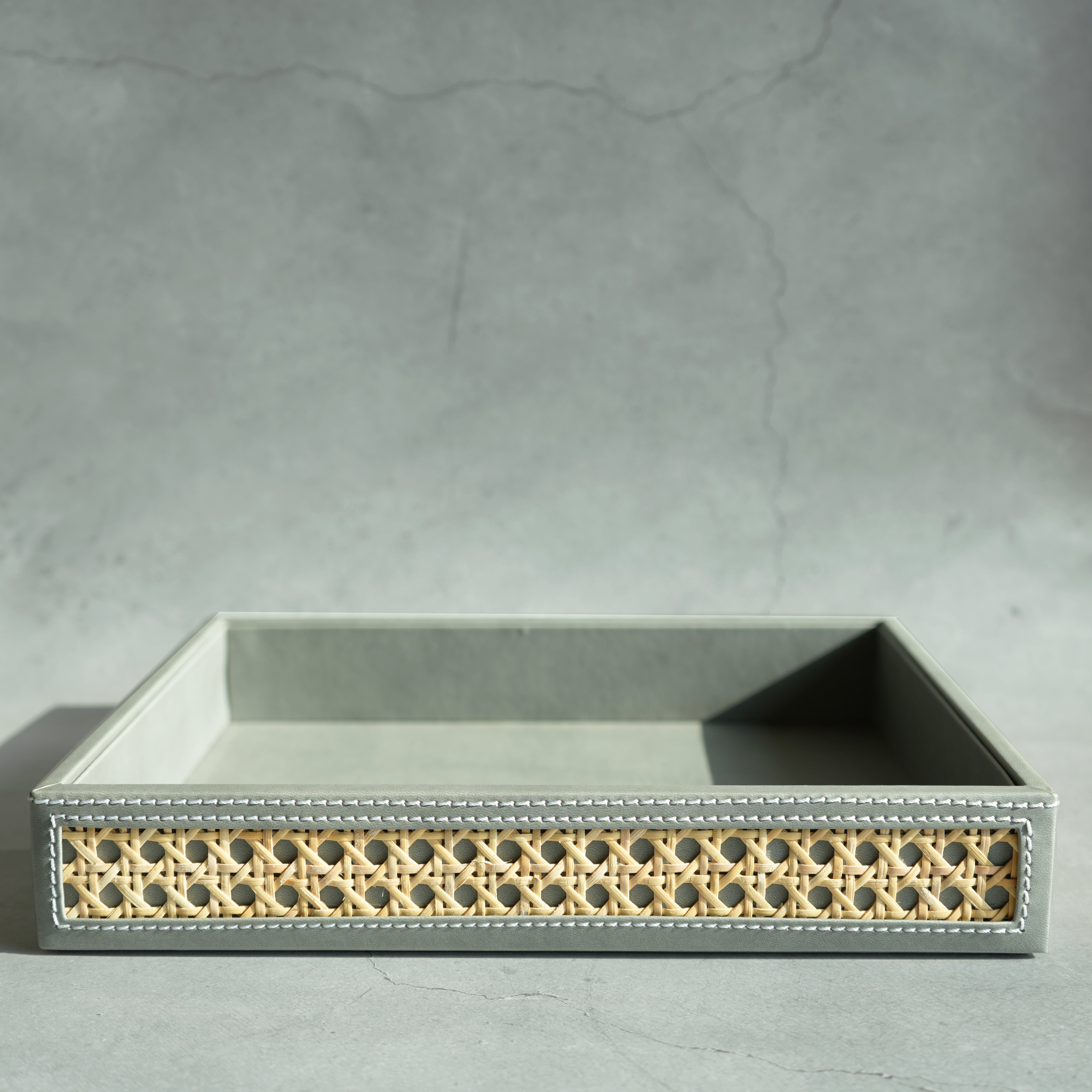 Stone Gray PU Leather & Rattan Serving Tray - Medium