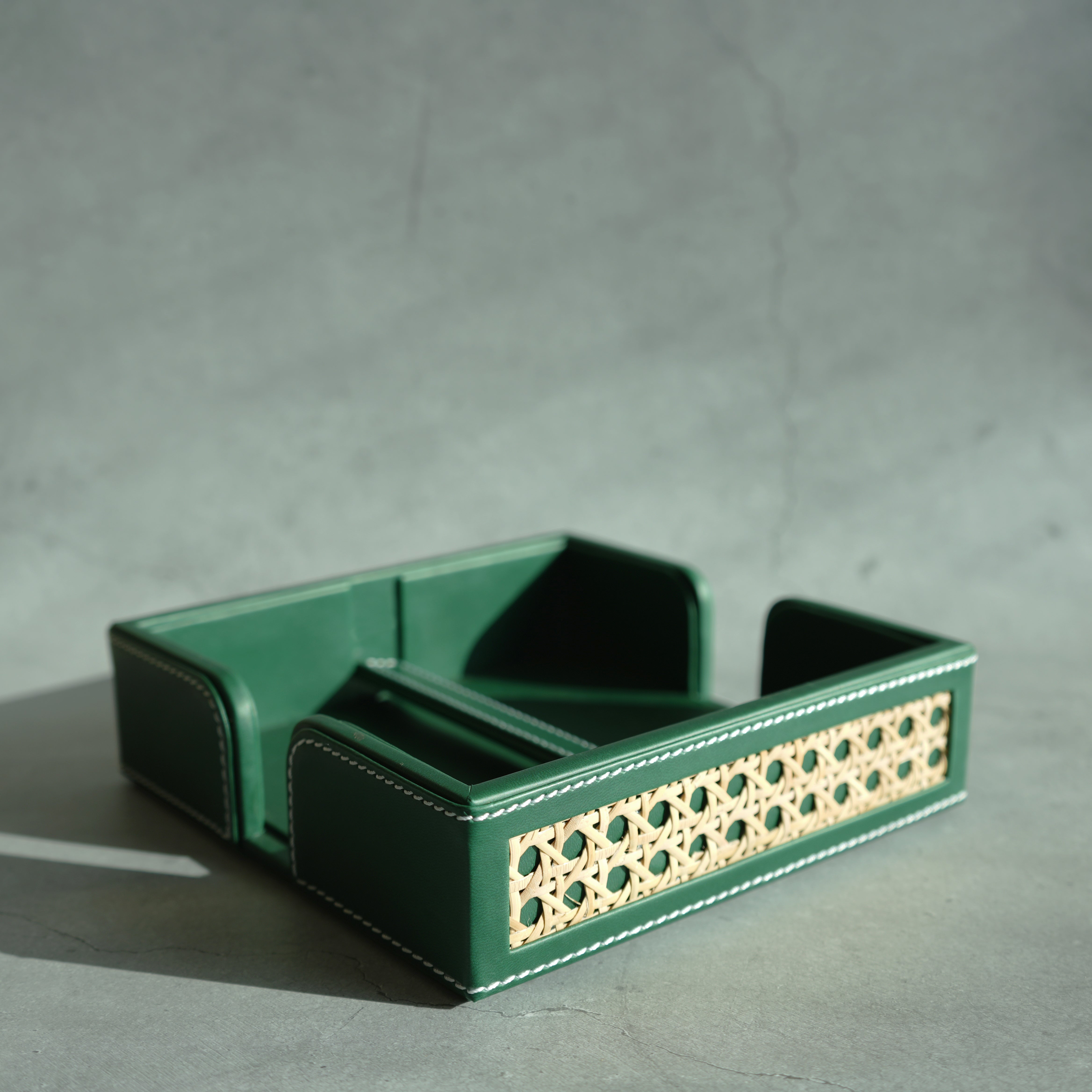 Emerald Green PU Leather & Rattan Tissue Holder with Weighted Bar