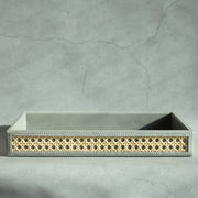 Stone Gray PU Leather & Rattan Serving Tray - Large