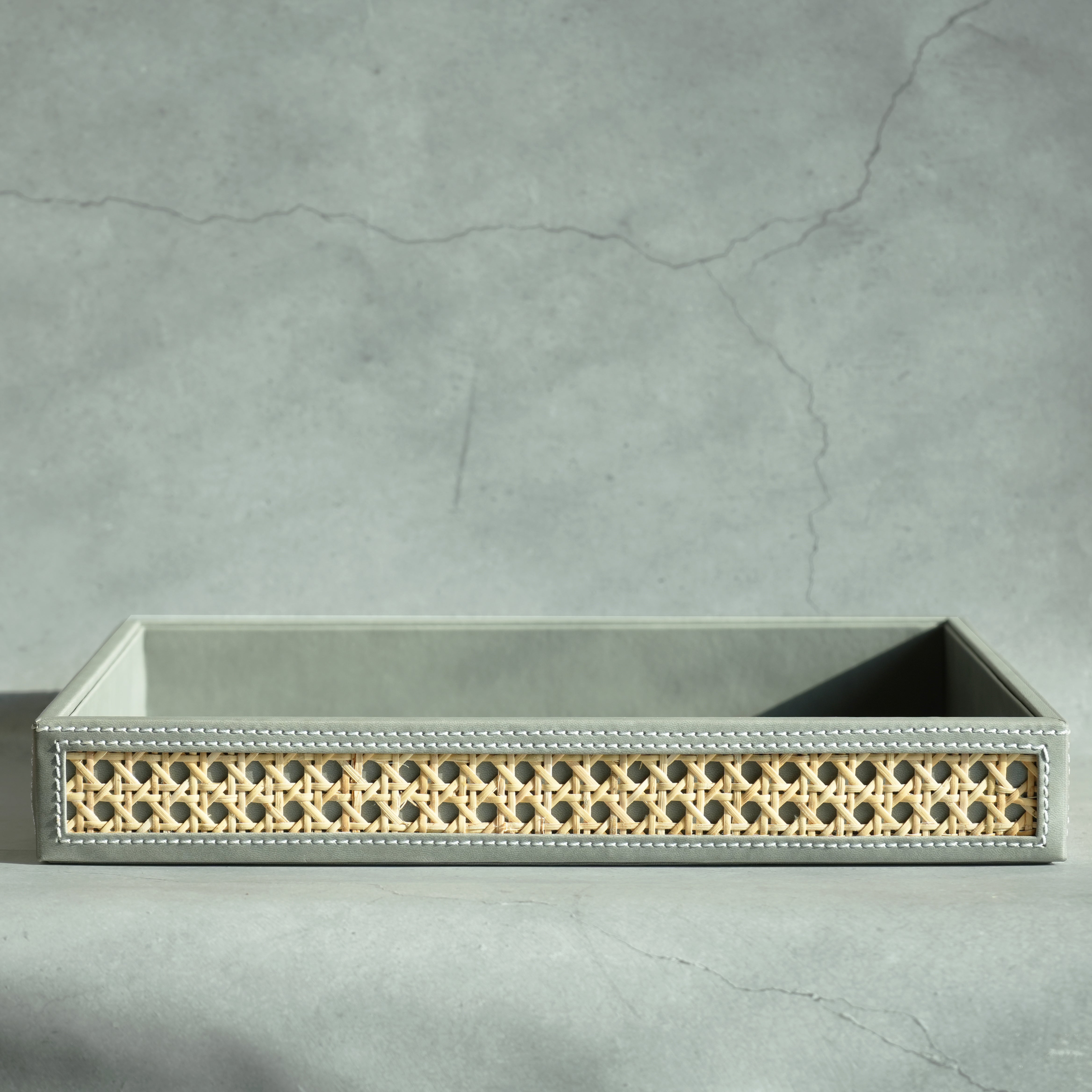 Stone Gray PU Leather & Rattan Serving Tray - Large