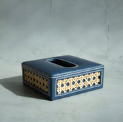 Steel Blue PU Leather & Rattan Tissue Box - Square