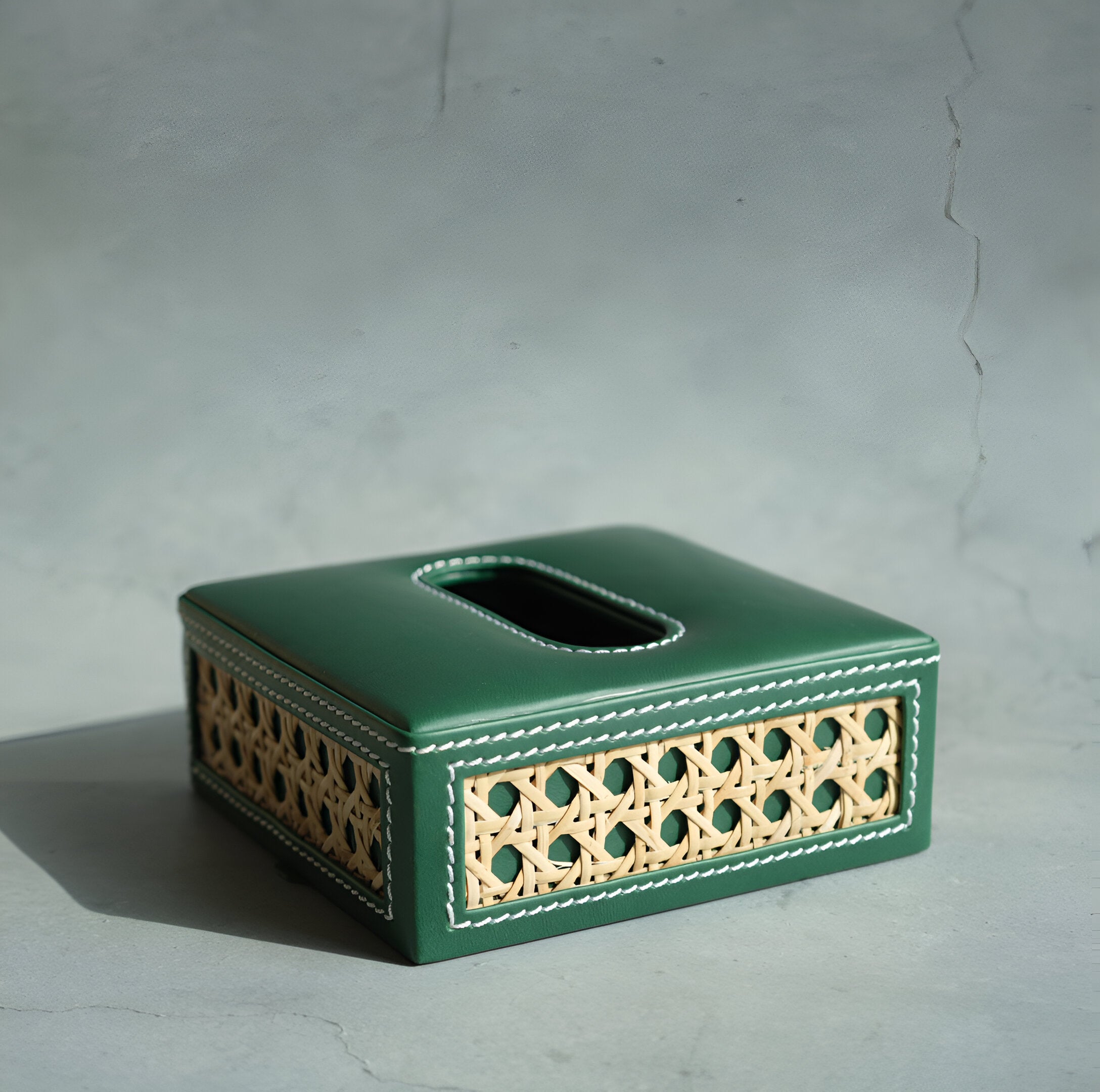 Emerald Green PU Leather & Rattan Tissue Box - Square – Stor