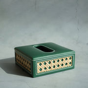 Emerald Green PU Leather & Rattan Tissue Box - Square