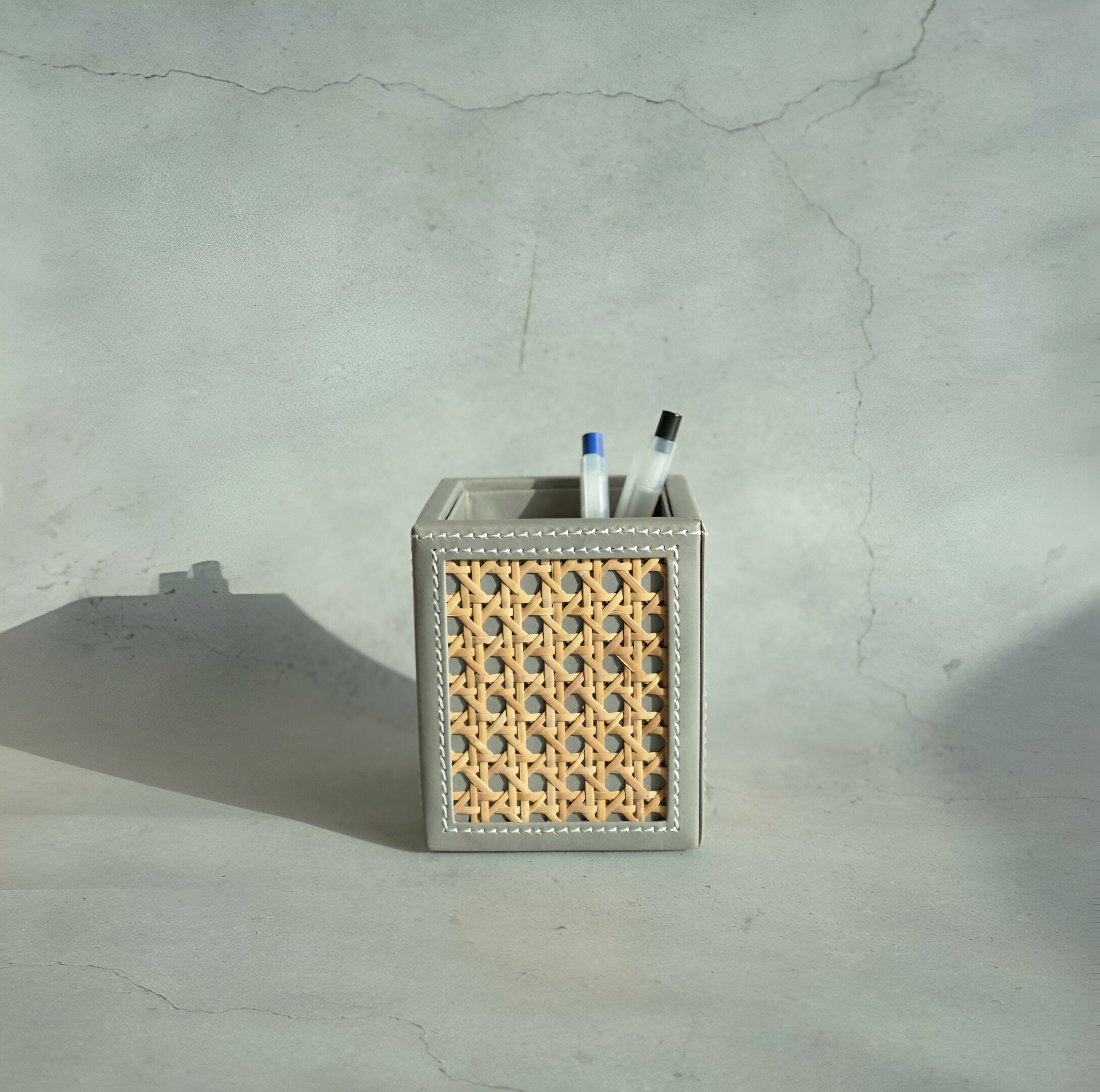 Stone Gray PU Leather & Rattan Stationery Holder