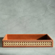 Tan Brown PU Leather & Rattan Serving Tray - Large