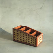 Tan Brown PU Leather & Rattan Remote Control Organiser