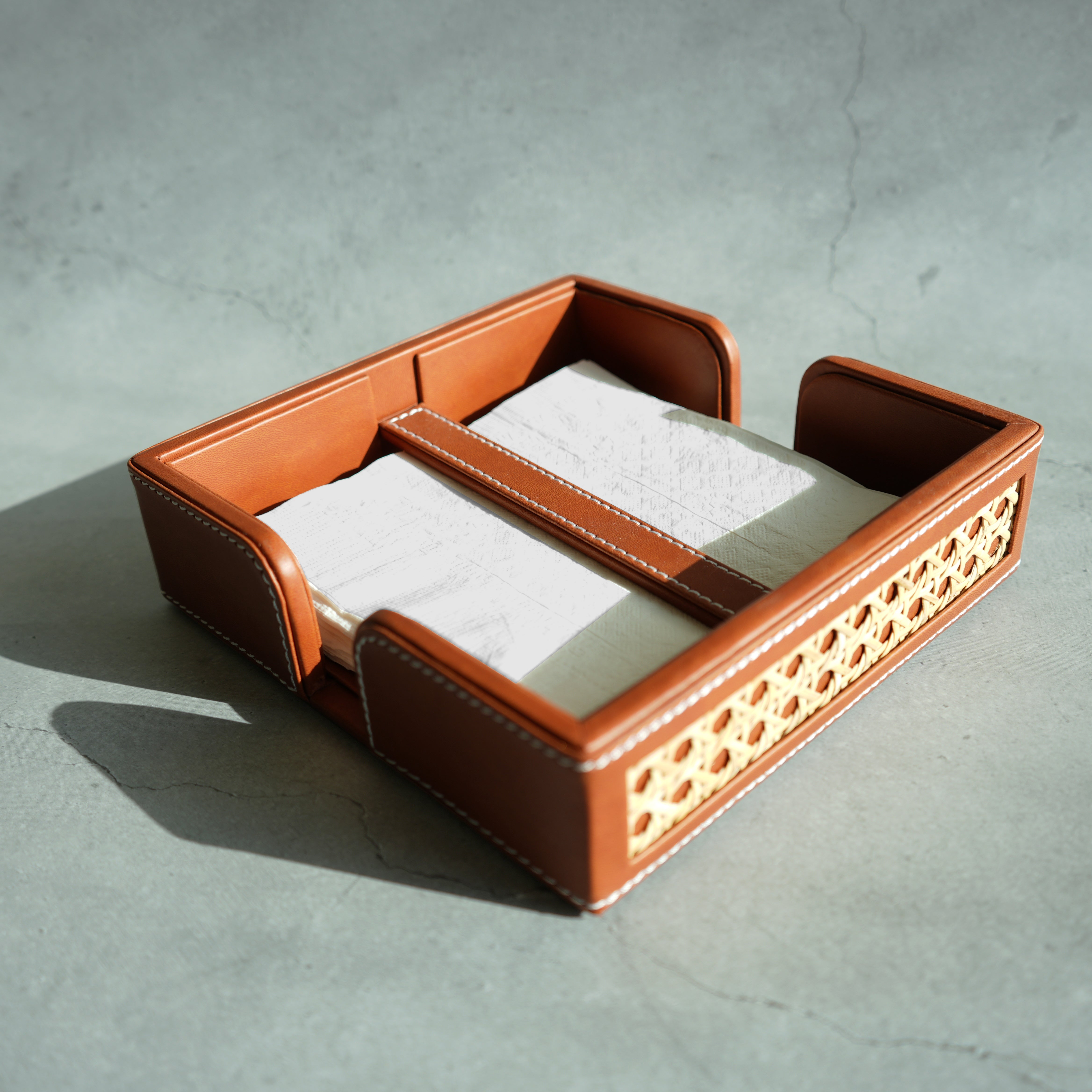 Tan Brown PU Leather & Rattan Tissue Holder with Weighted Bar