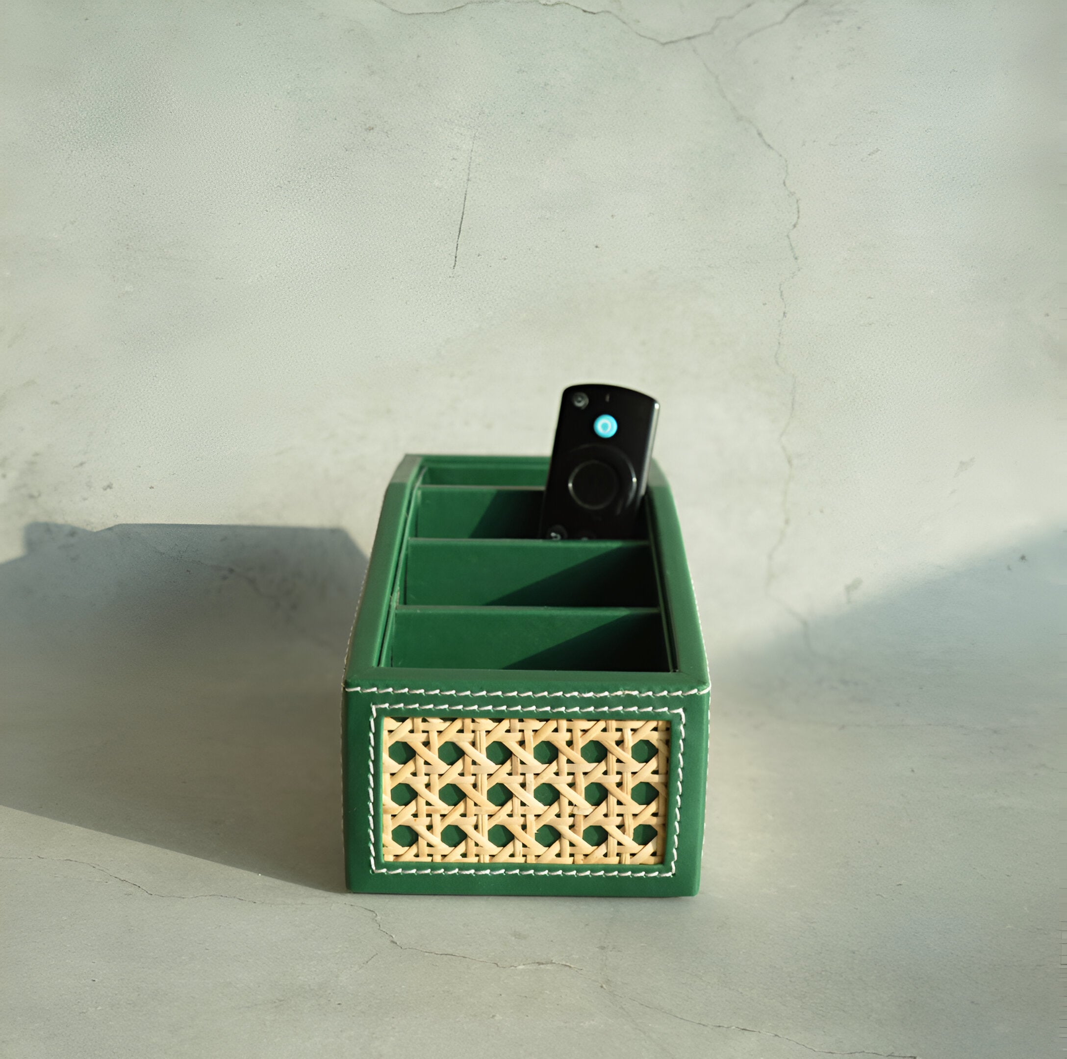 Emerald Green PU Leather & Rattan Remote Control Organiser