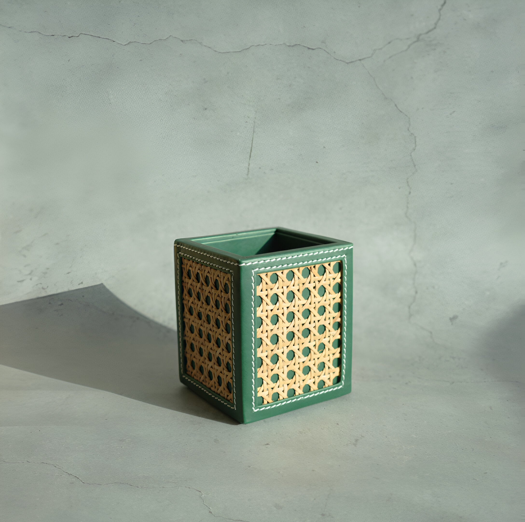 Emerald Green PU Leather & Rattan Stationery Holder