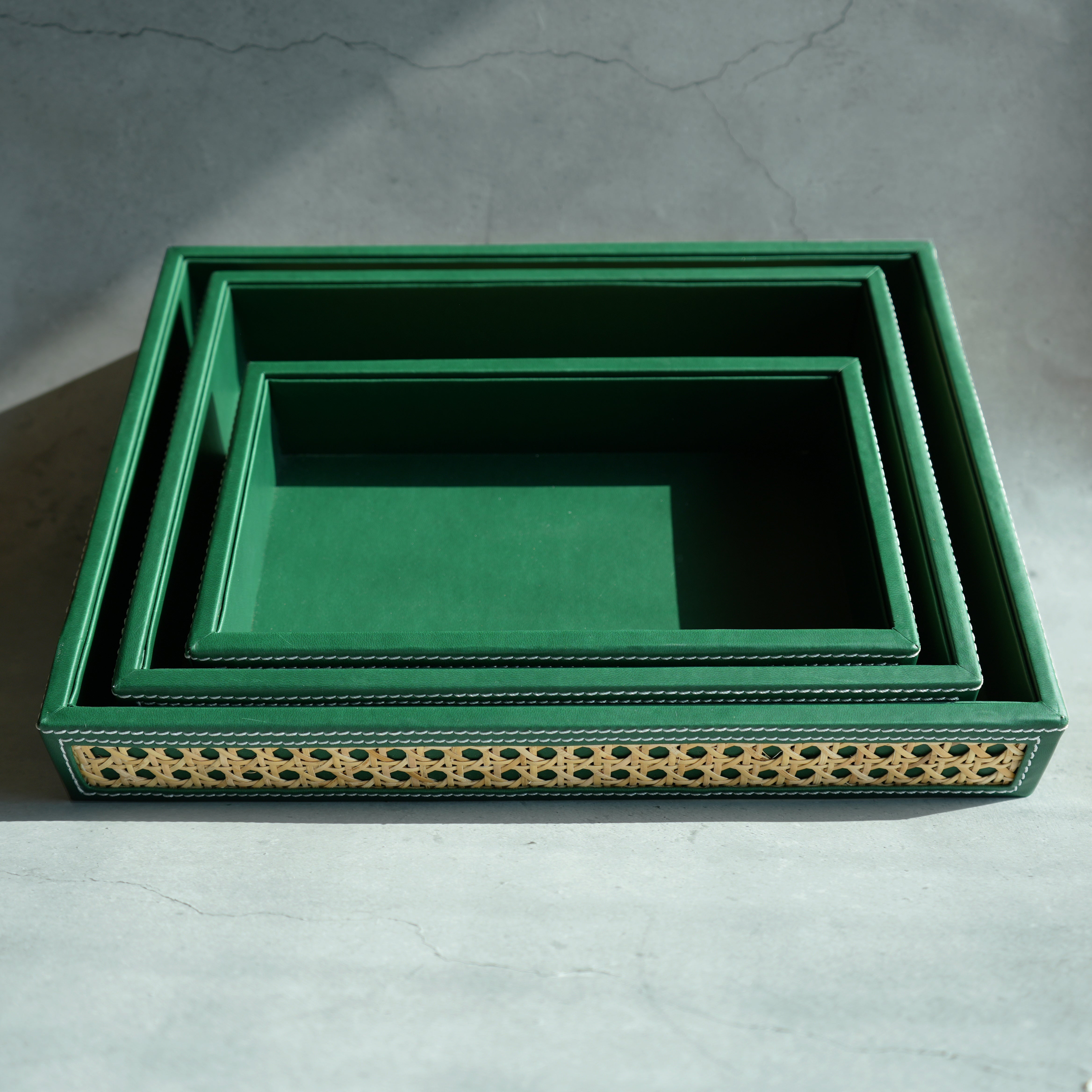 Emerald Green PU Leather & Rattan Serving Tray - Large