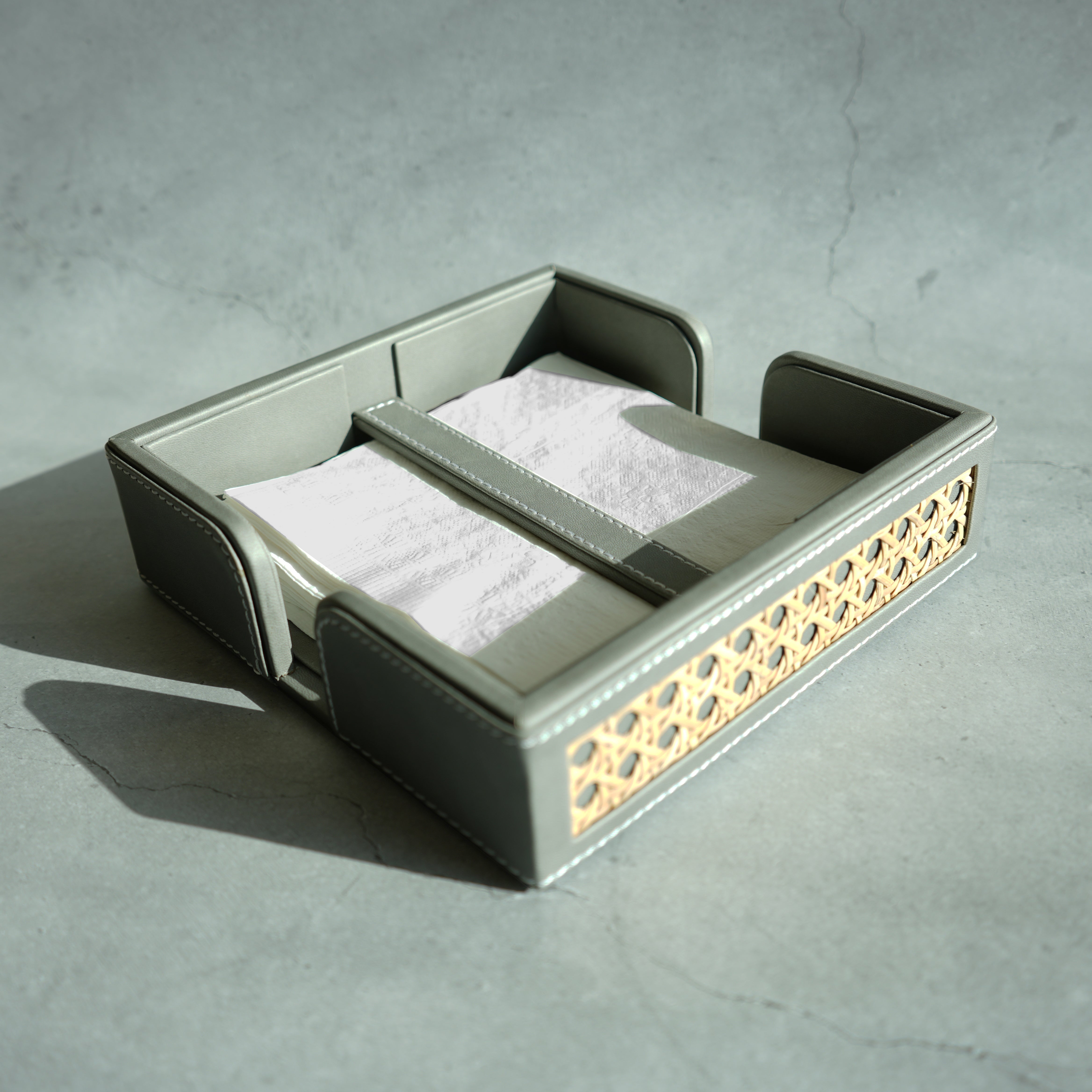 Stone Gray PU Leather & Rattan Tissue Holder with Weighted Bar