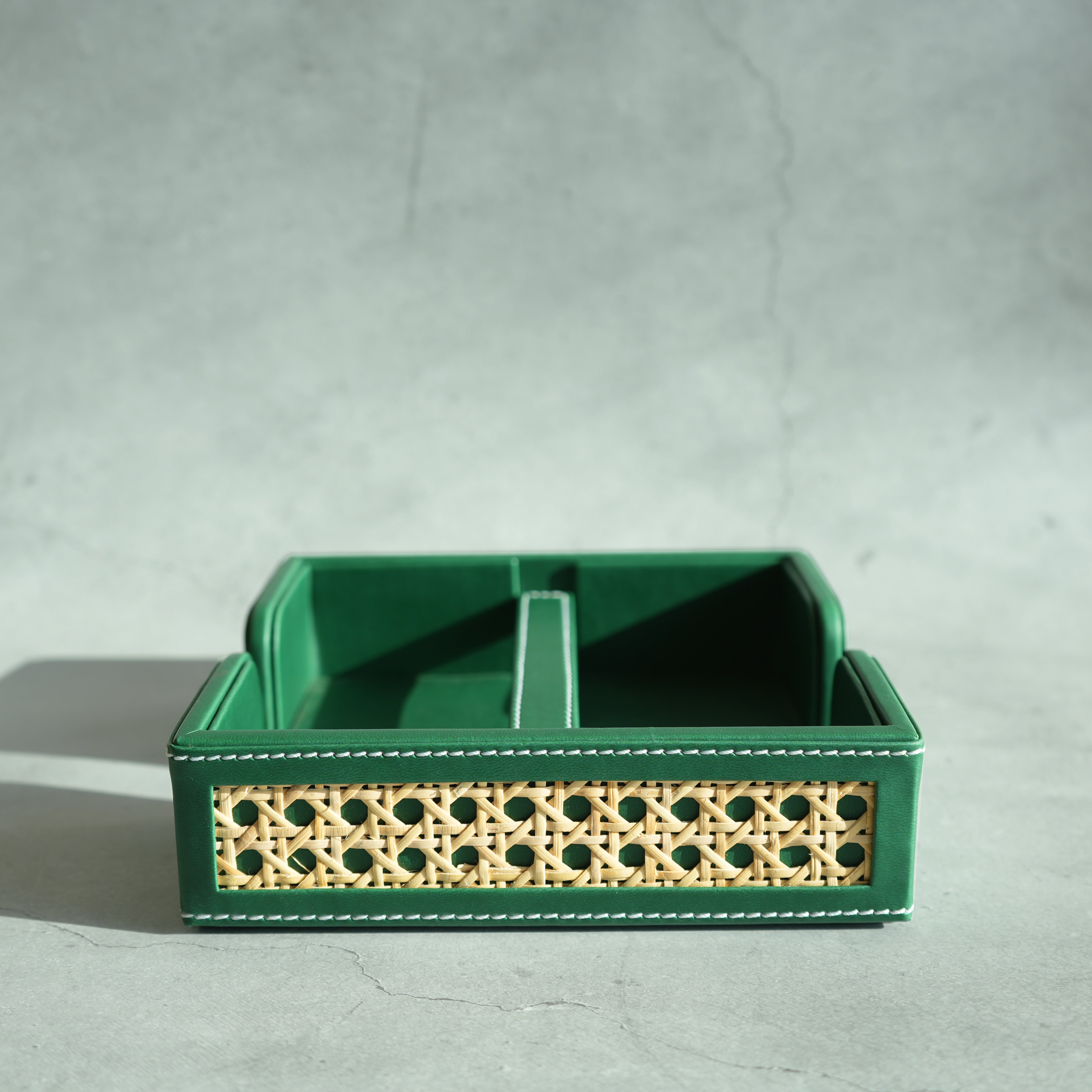 Emerald Green PU Leather & Rattan Tissue Holder with Weighted Bar