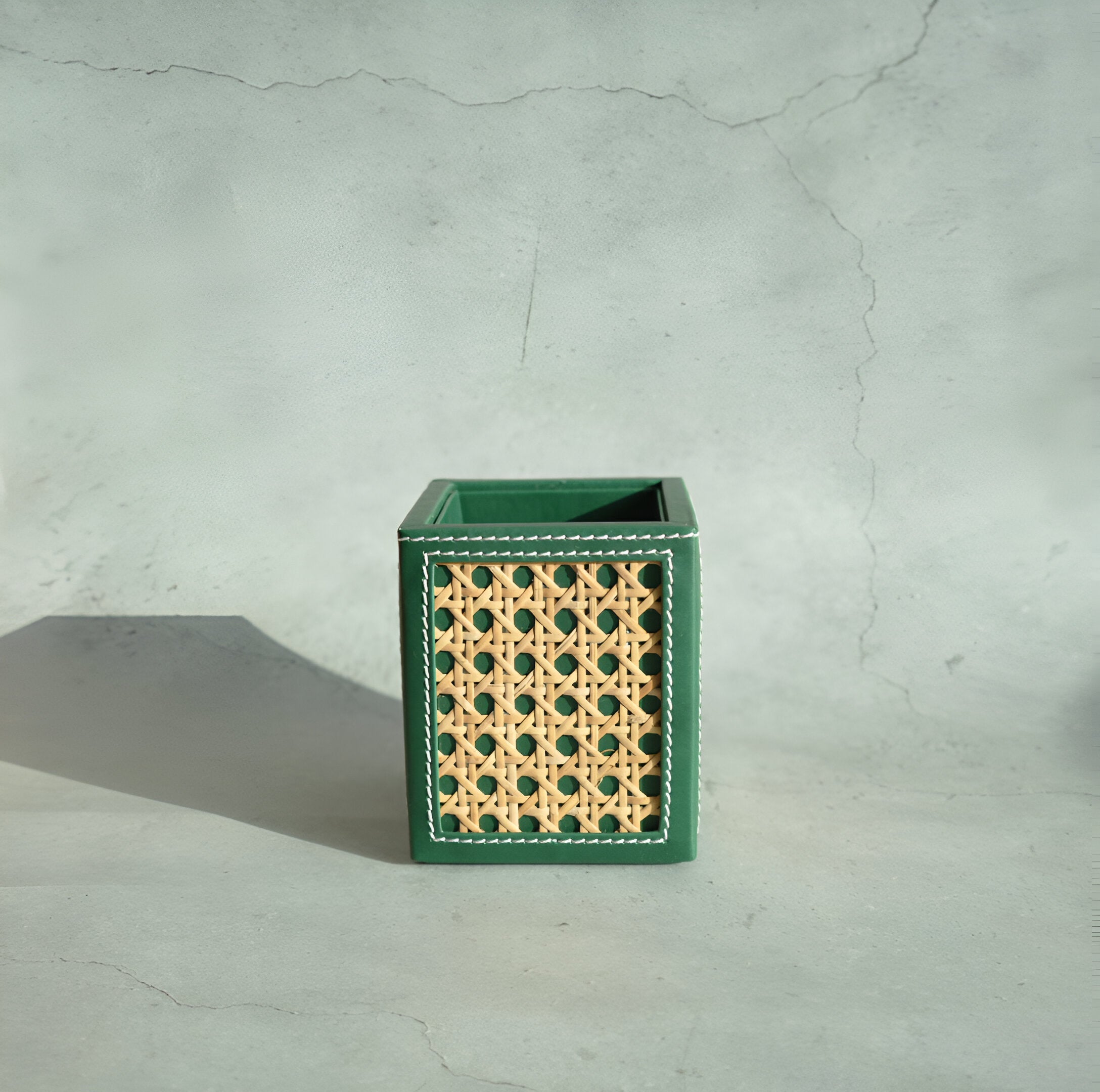 Emerald Green PU Leather & Rattan Stationery Holder