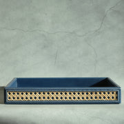 Steel Blue PU Leather & Rattan Serving Tray - Large