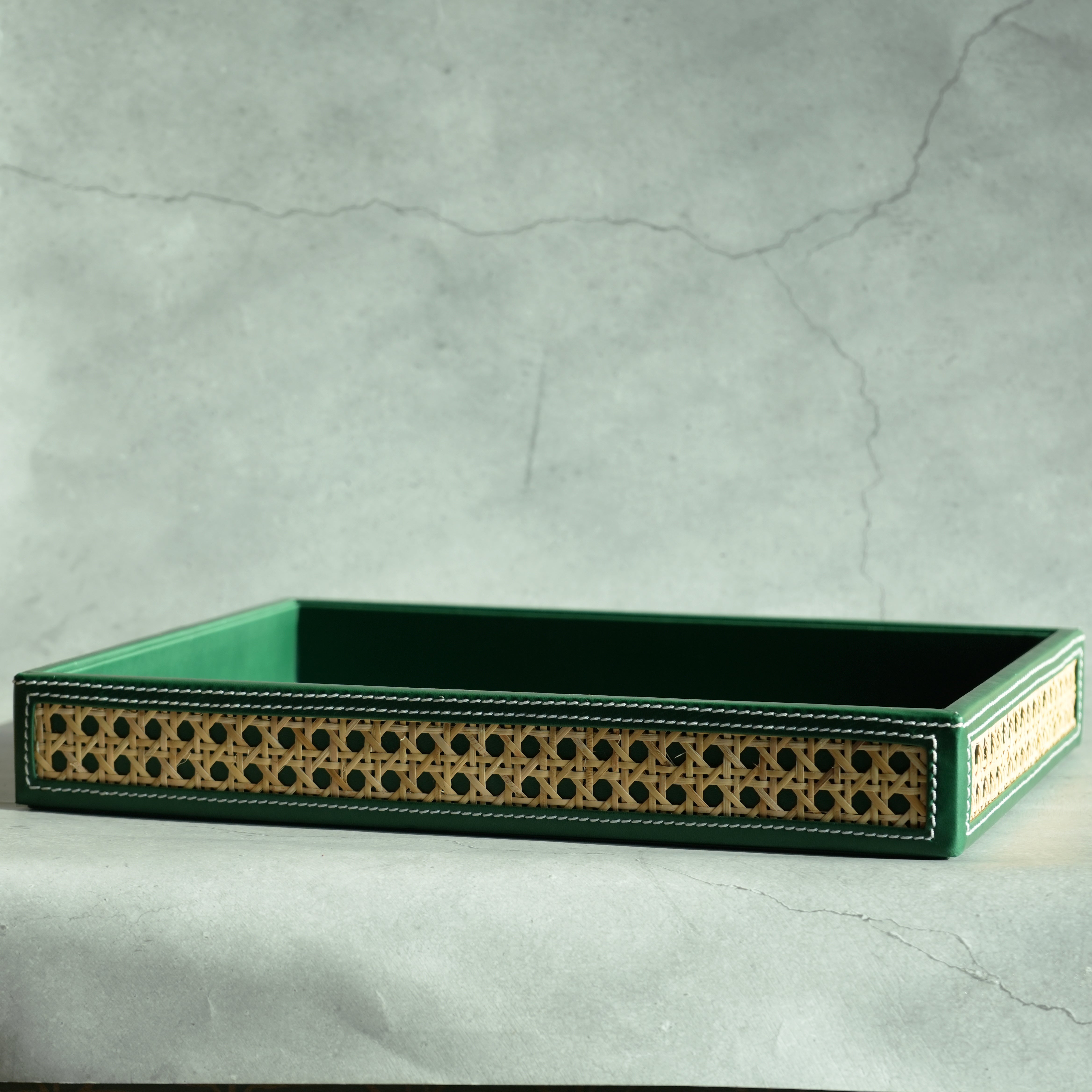Emerald Green PU Leather & Rattan Serving Tray - Large