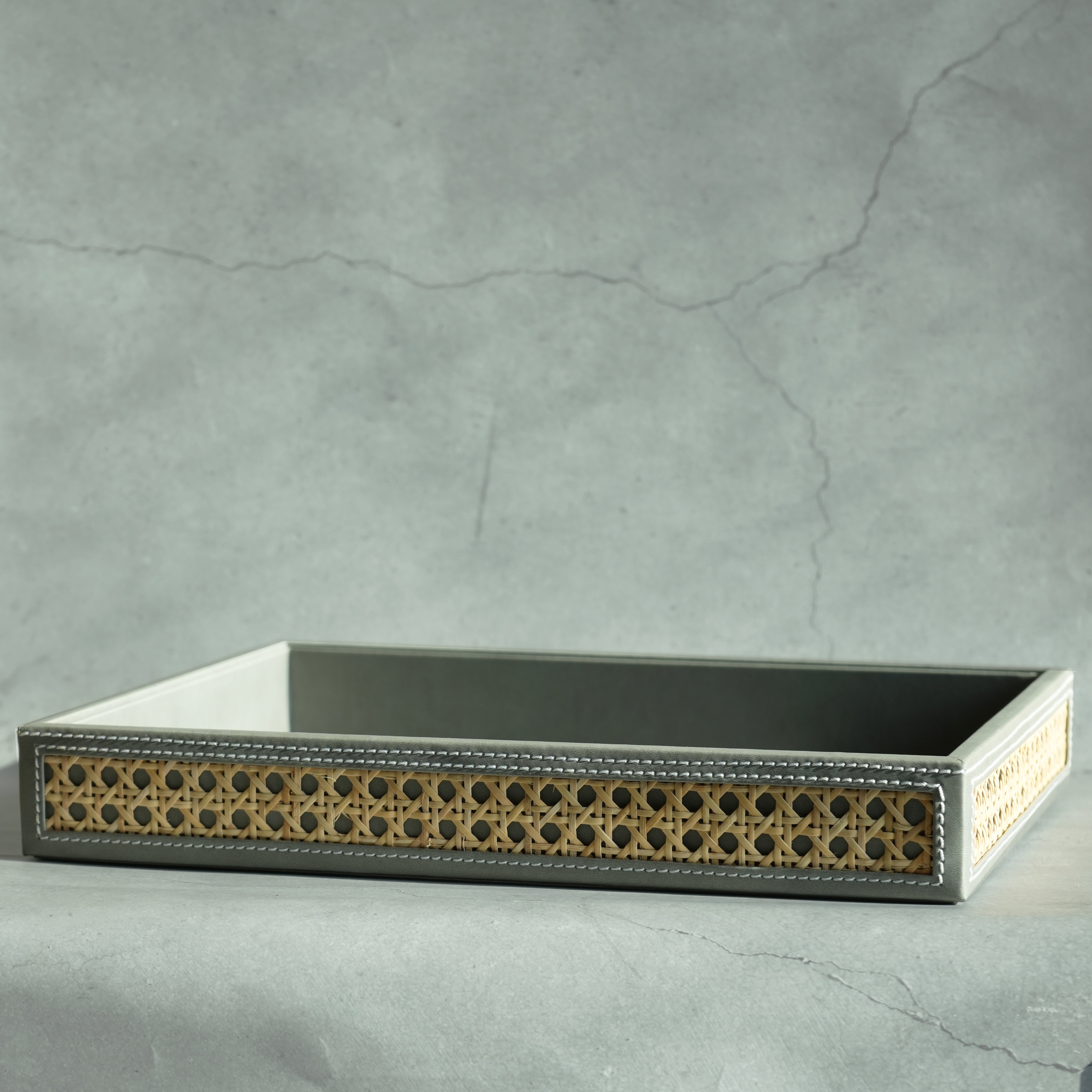 Stone Gray PU Leather & Rattan Serving Tray - Large