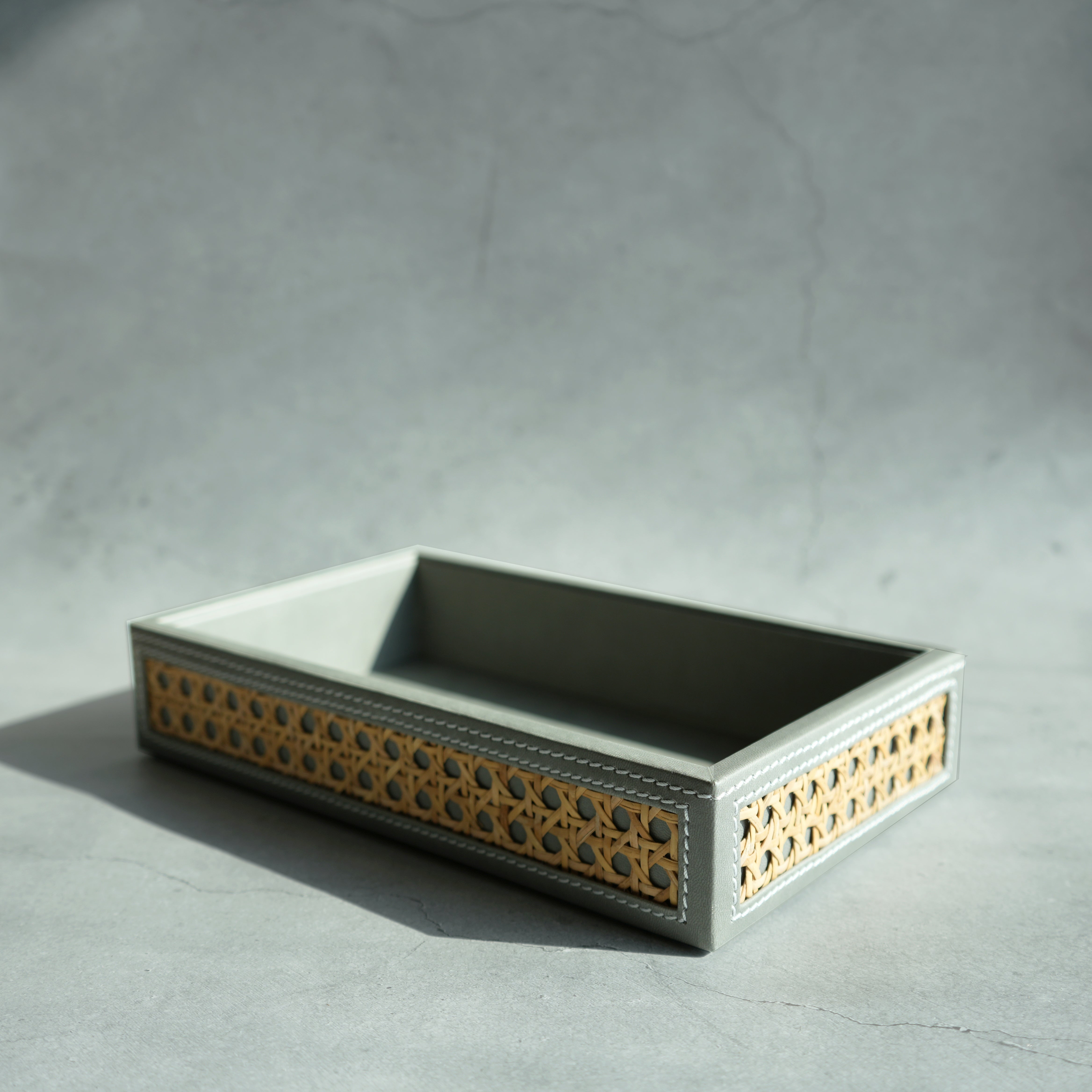 Stone Gray PU Leather & Rattan Serving Tray - Small