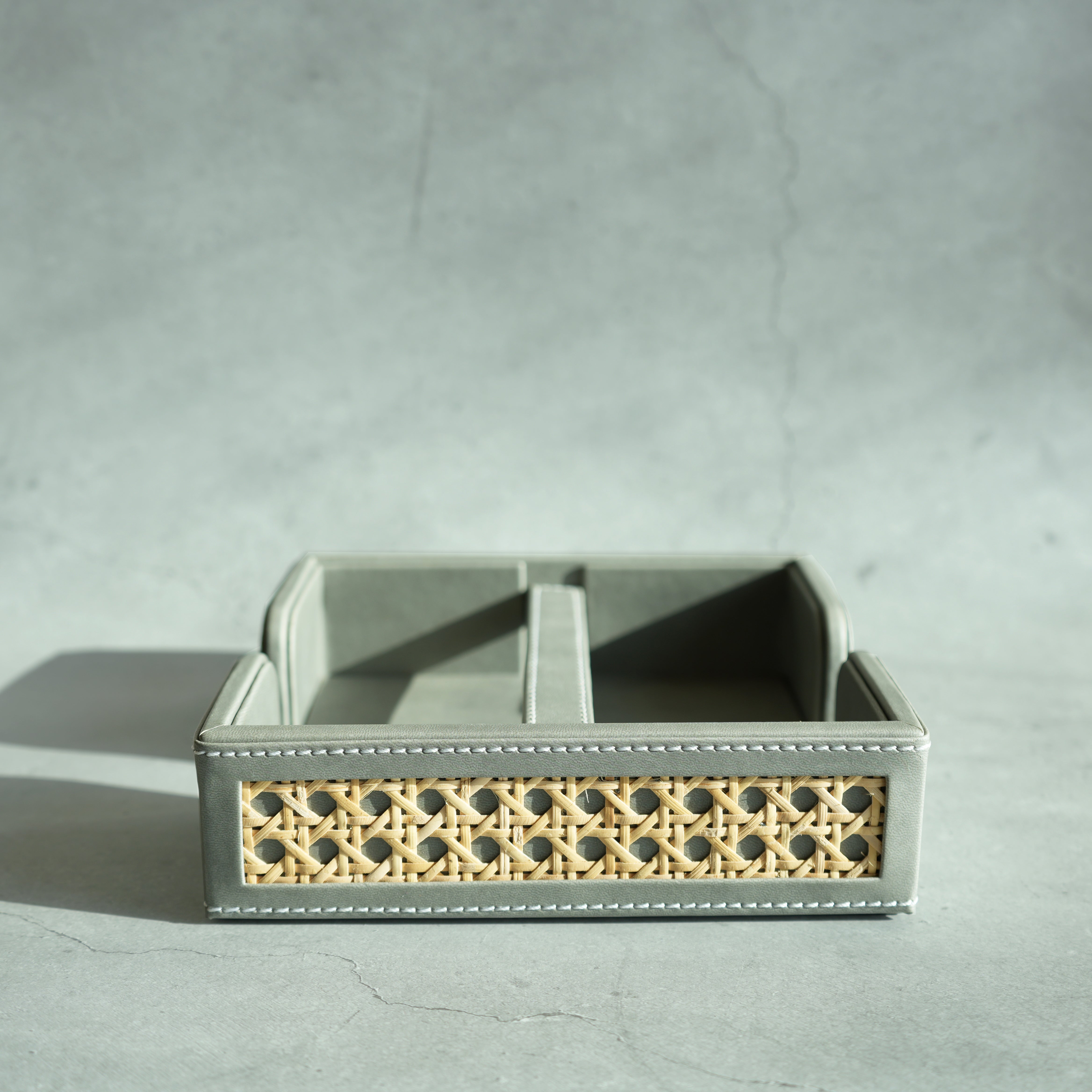 Stone Gray PU Leather & Rattan Tissue Holder with Weighted Bar