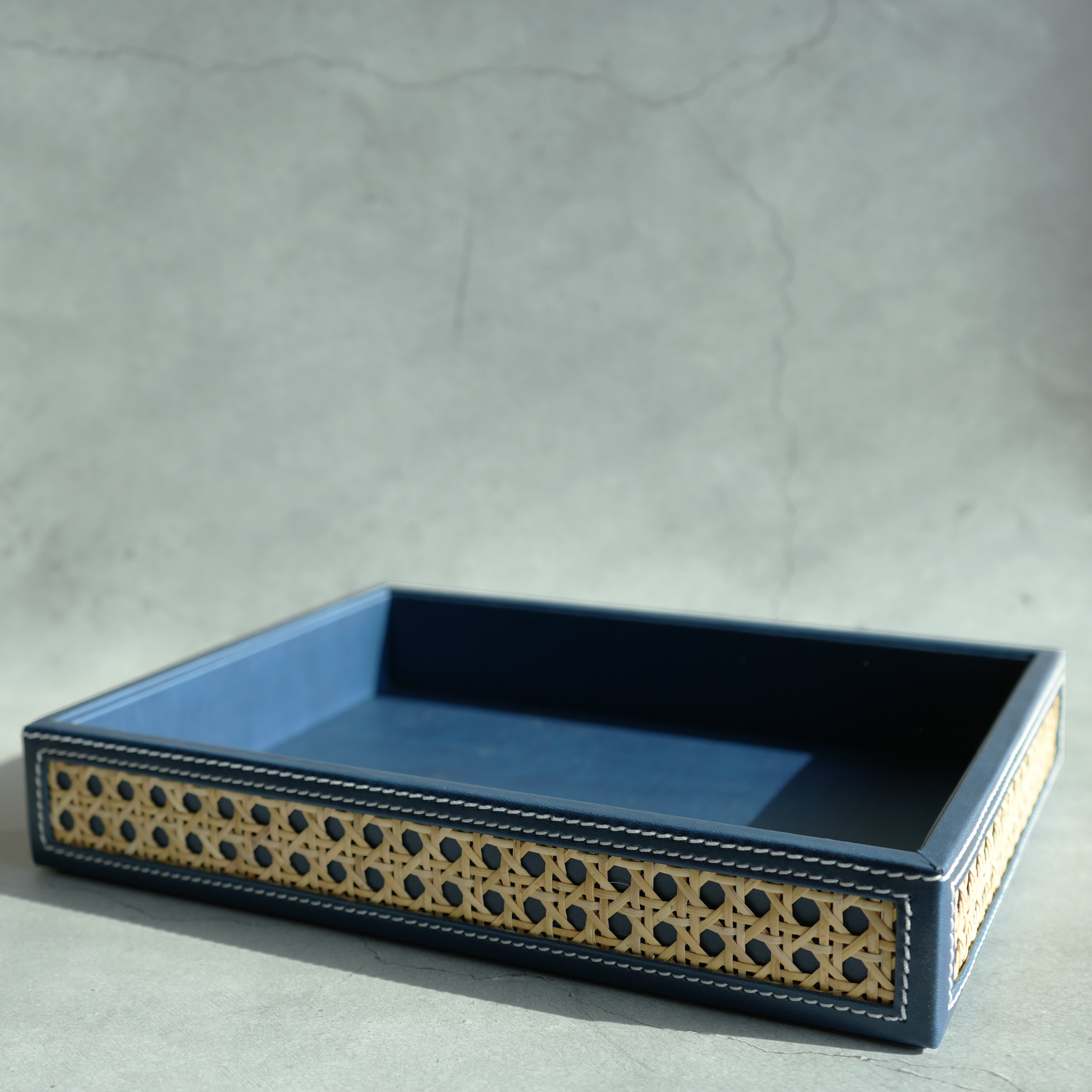 Steel Blue PU Leather & Rattan Serving Tray - Medium