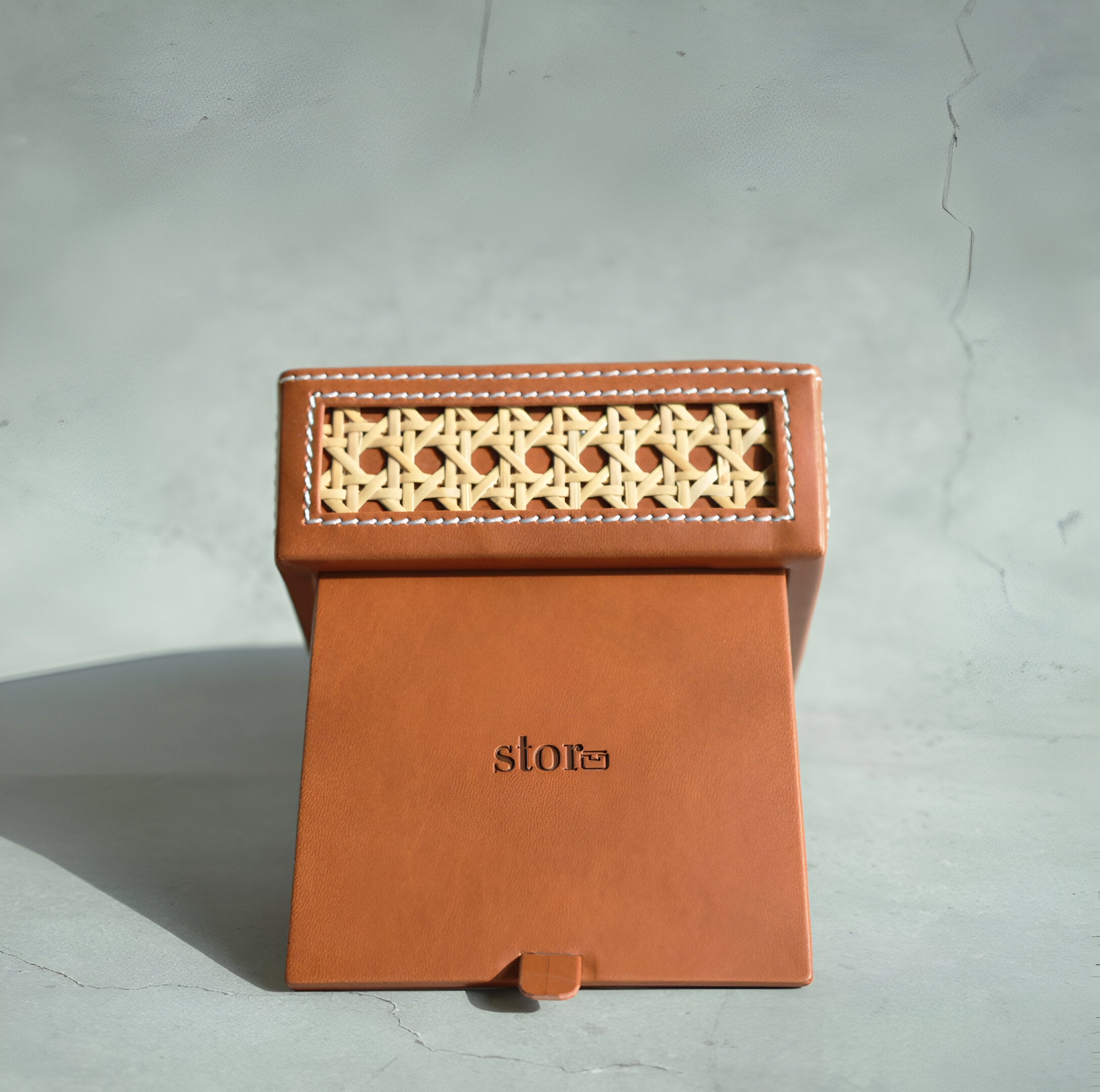 Tan Brown PU Leather & Rattan Tissue Box - Square