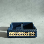 Steel Blue PU Leather & Rattan Tissue Holder with Weighted Bar