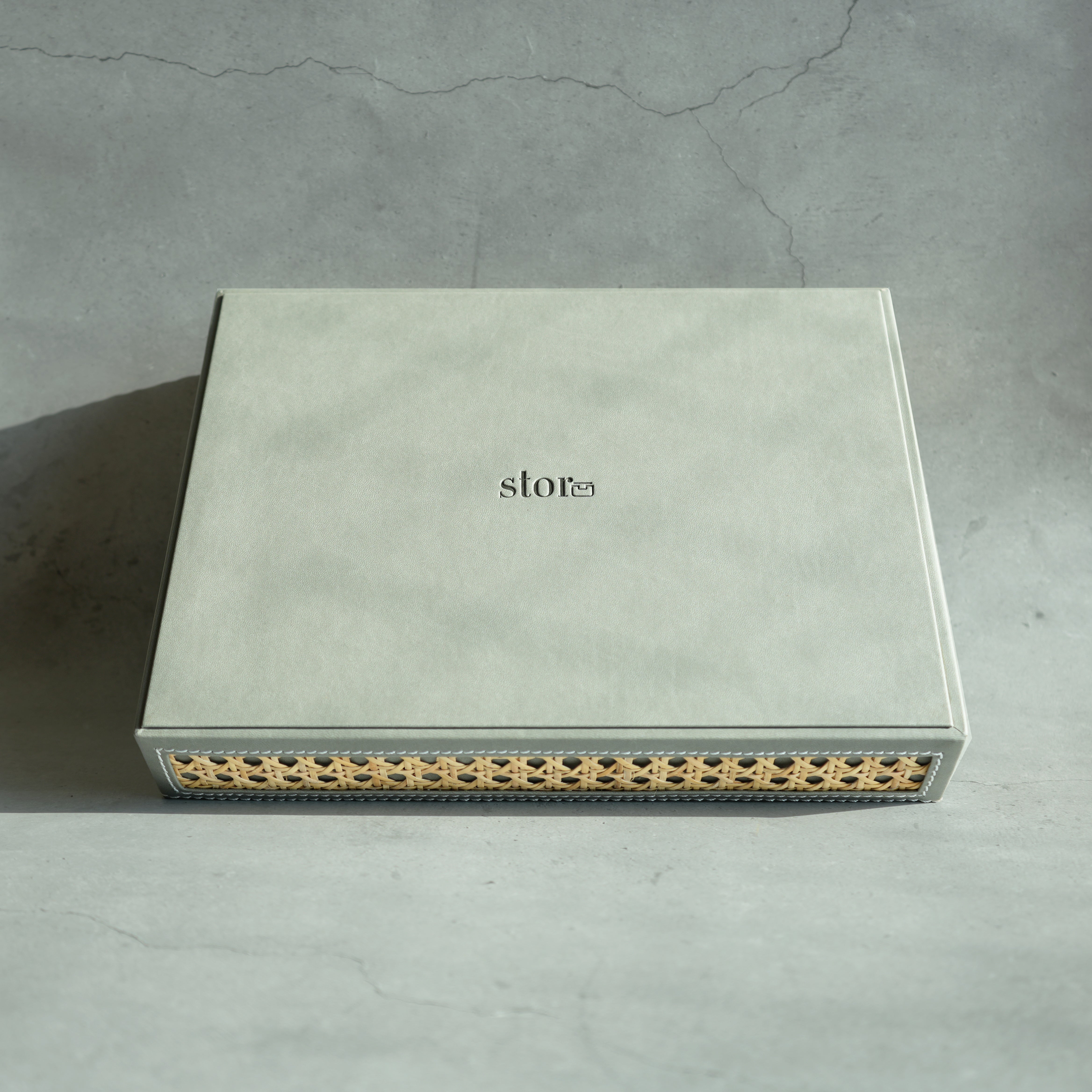 Stone Gray PU Leather & Rattan Serving Tray - Medium