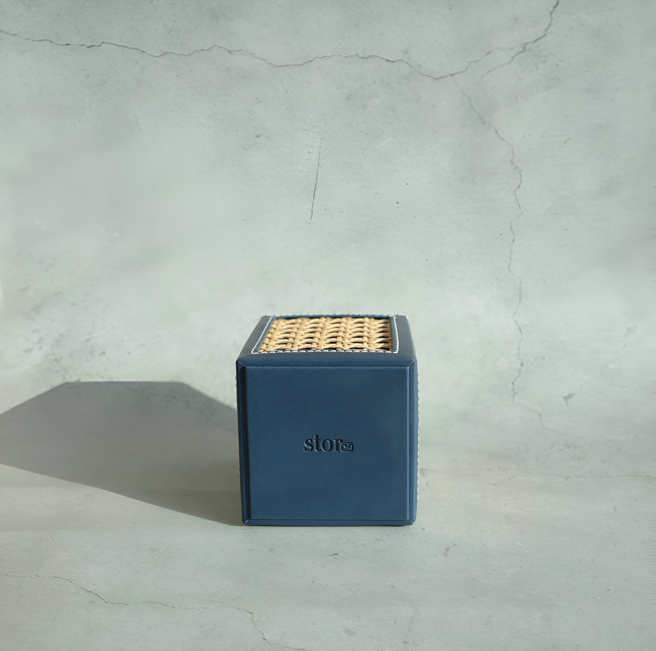 Steel Blue PU Leather & Rattan Stationery Holder