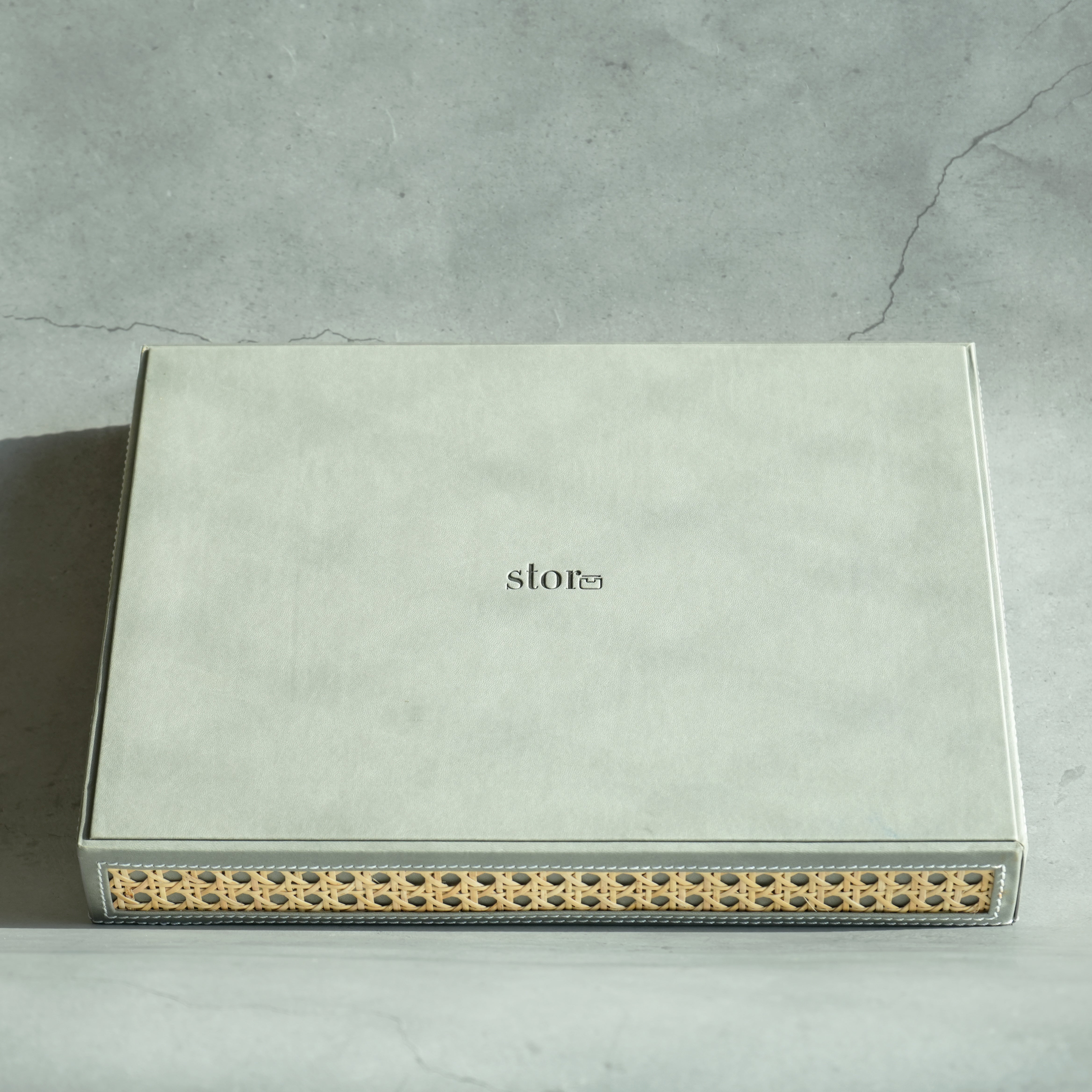 Stone Gray PU Leather & Rattan Serving Tray - Large
