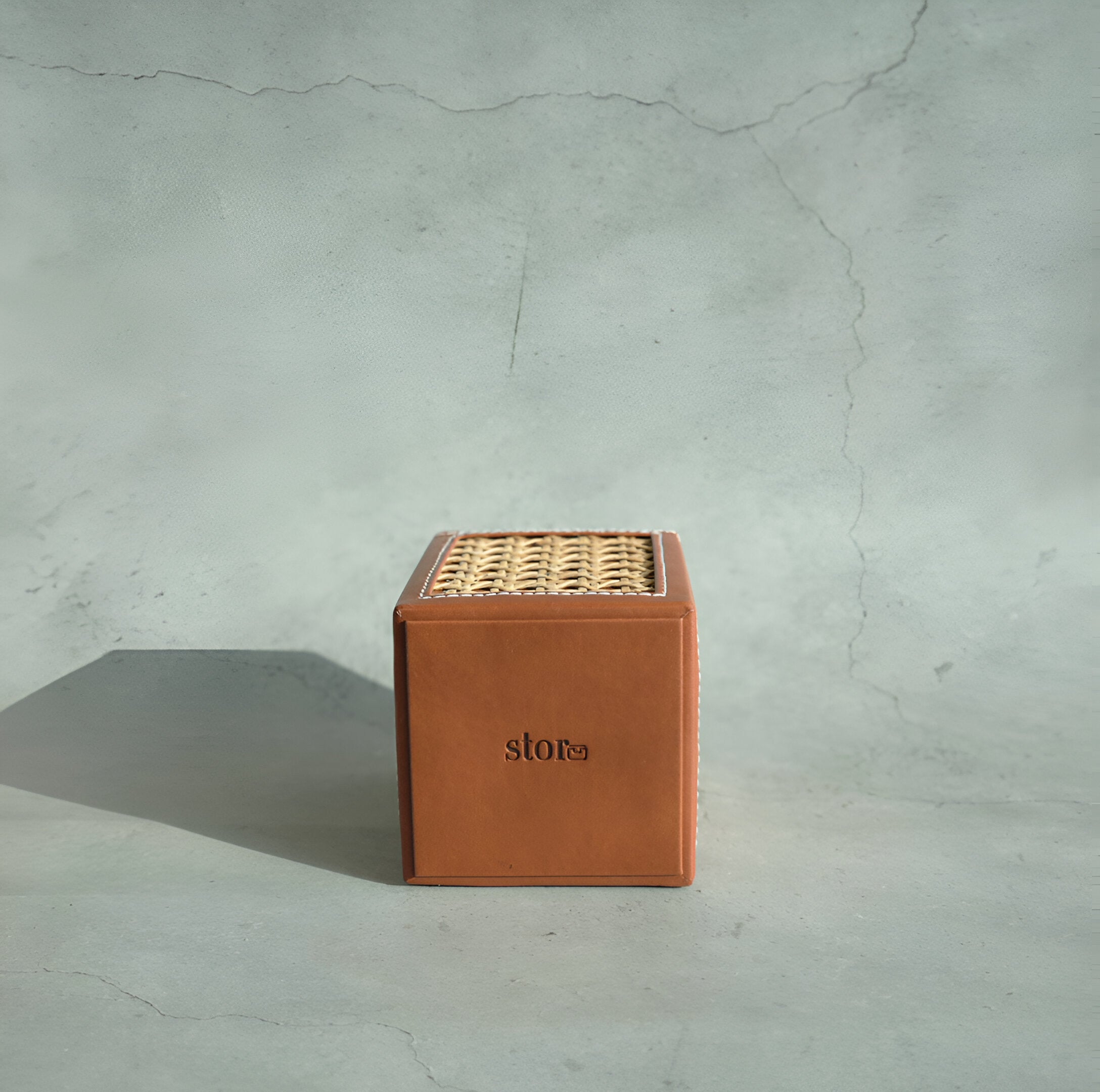 Tan Brown PU Leather & Rattan Stationery Holder