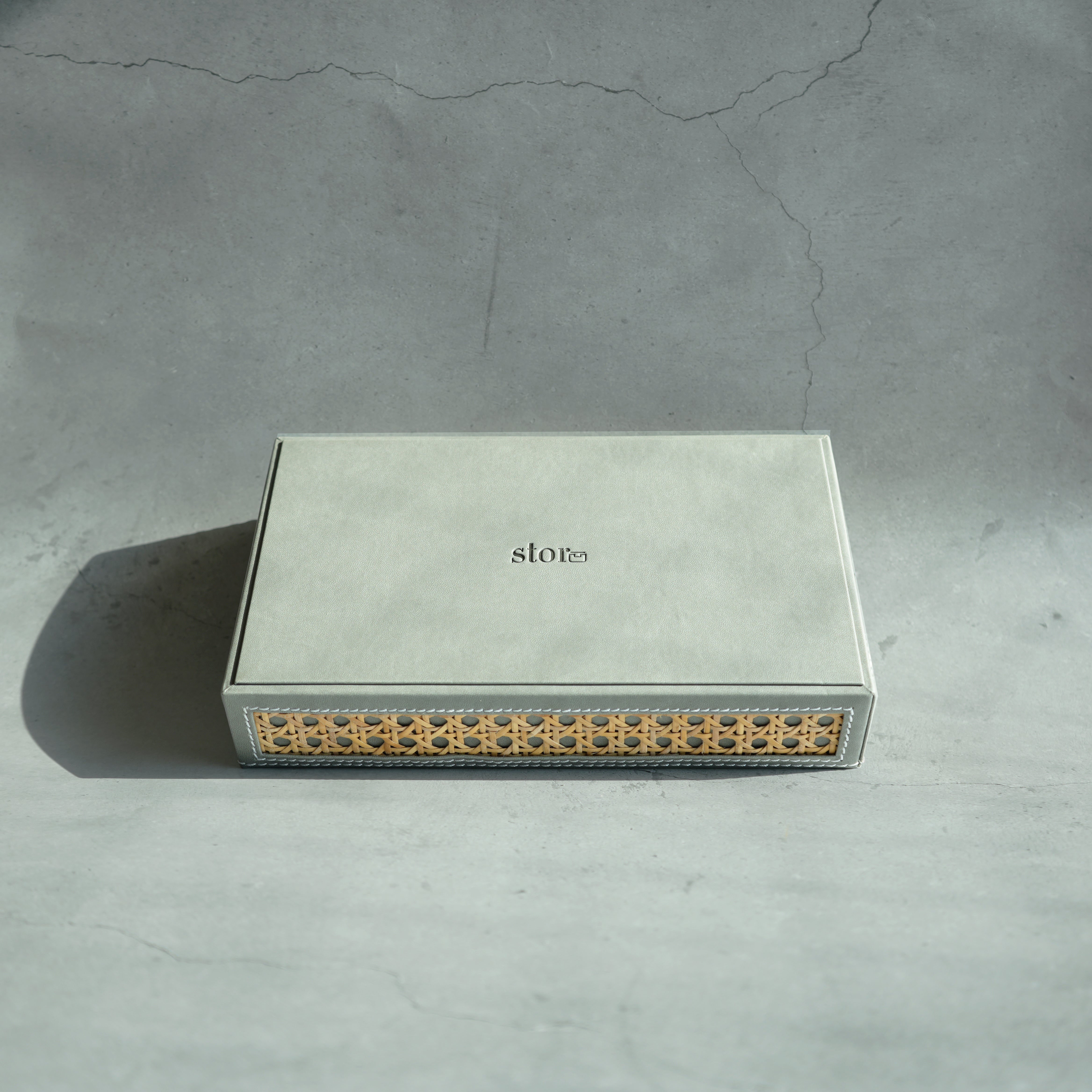 Stone Gray PU Leather & Rattan Serving Tray - Small