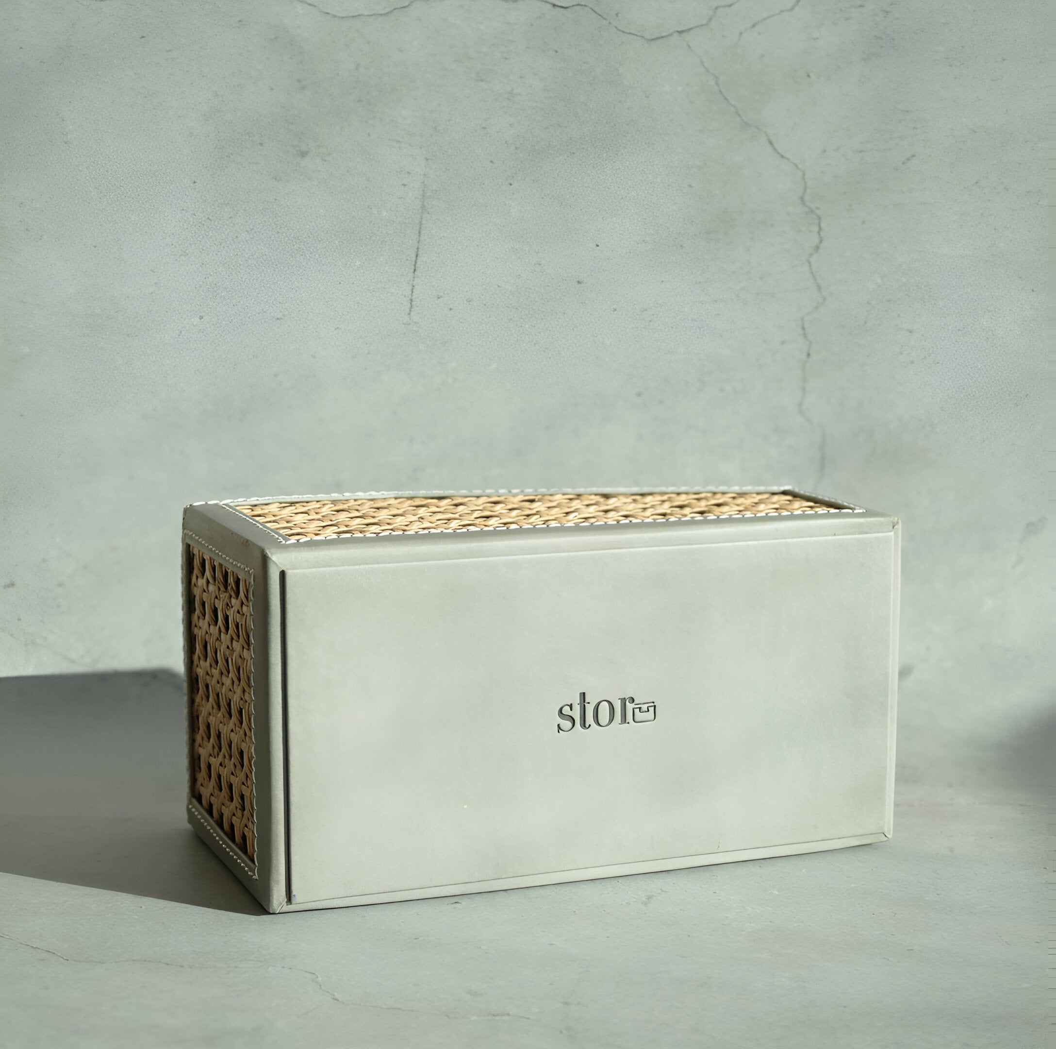 Stone Gray PU Leather & Rattan Remote Control Organiser