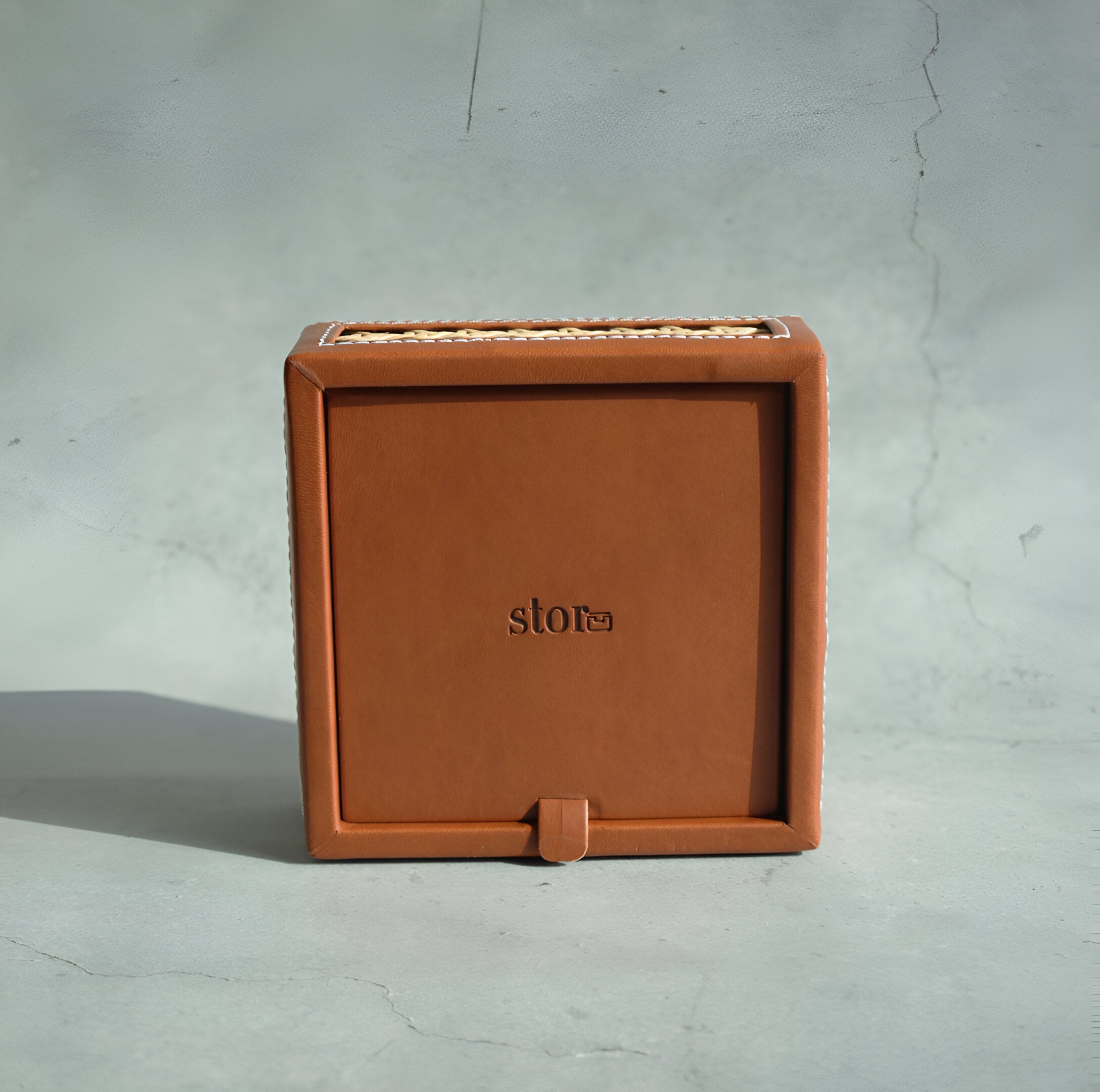 Tan Brown PU Leather & Rattan Tissue Box - Square