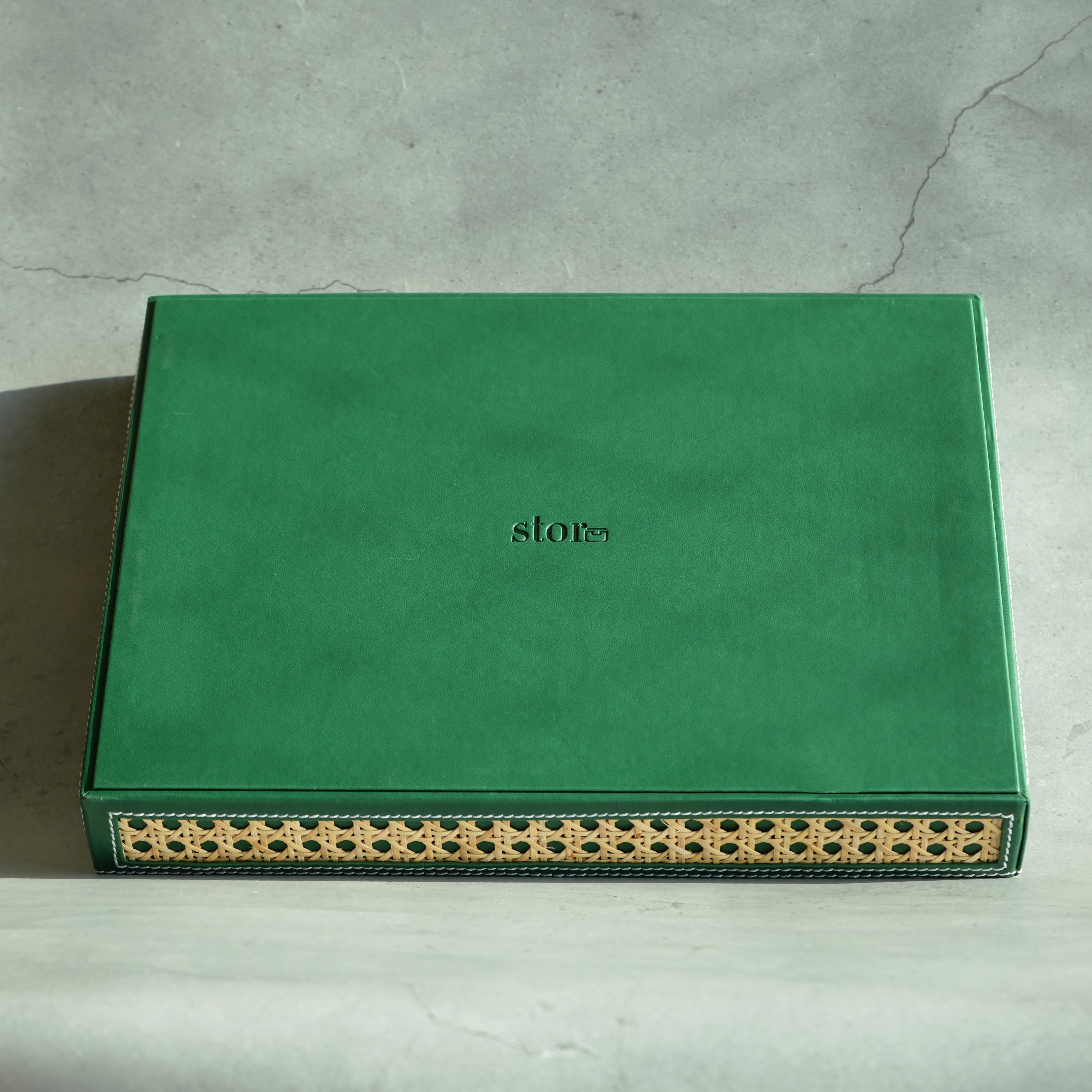 Emerald Green PU Leather & Rattan Serving Tray - Large