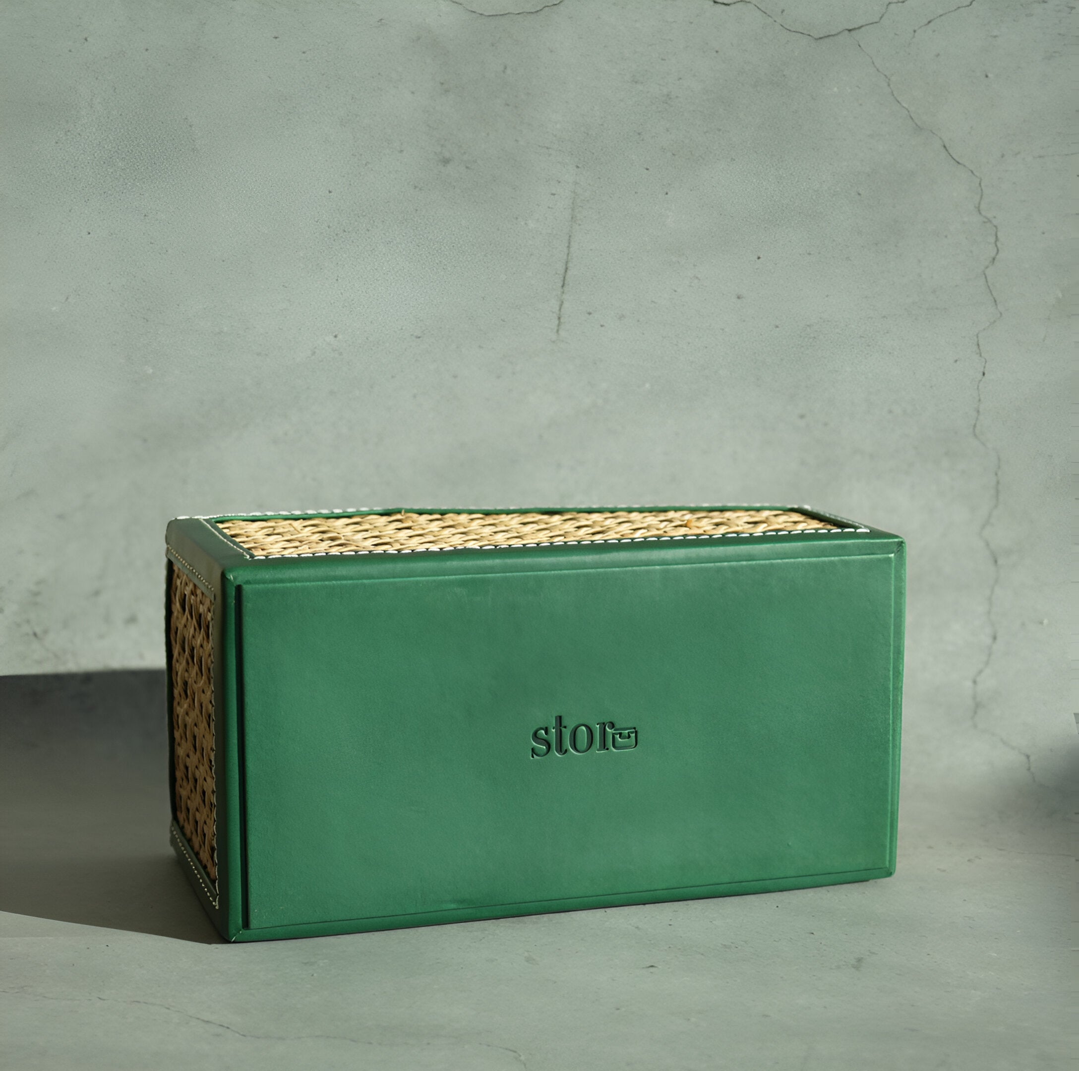 Emerald Green PU Leather & Rattan Remote Control Organiser