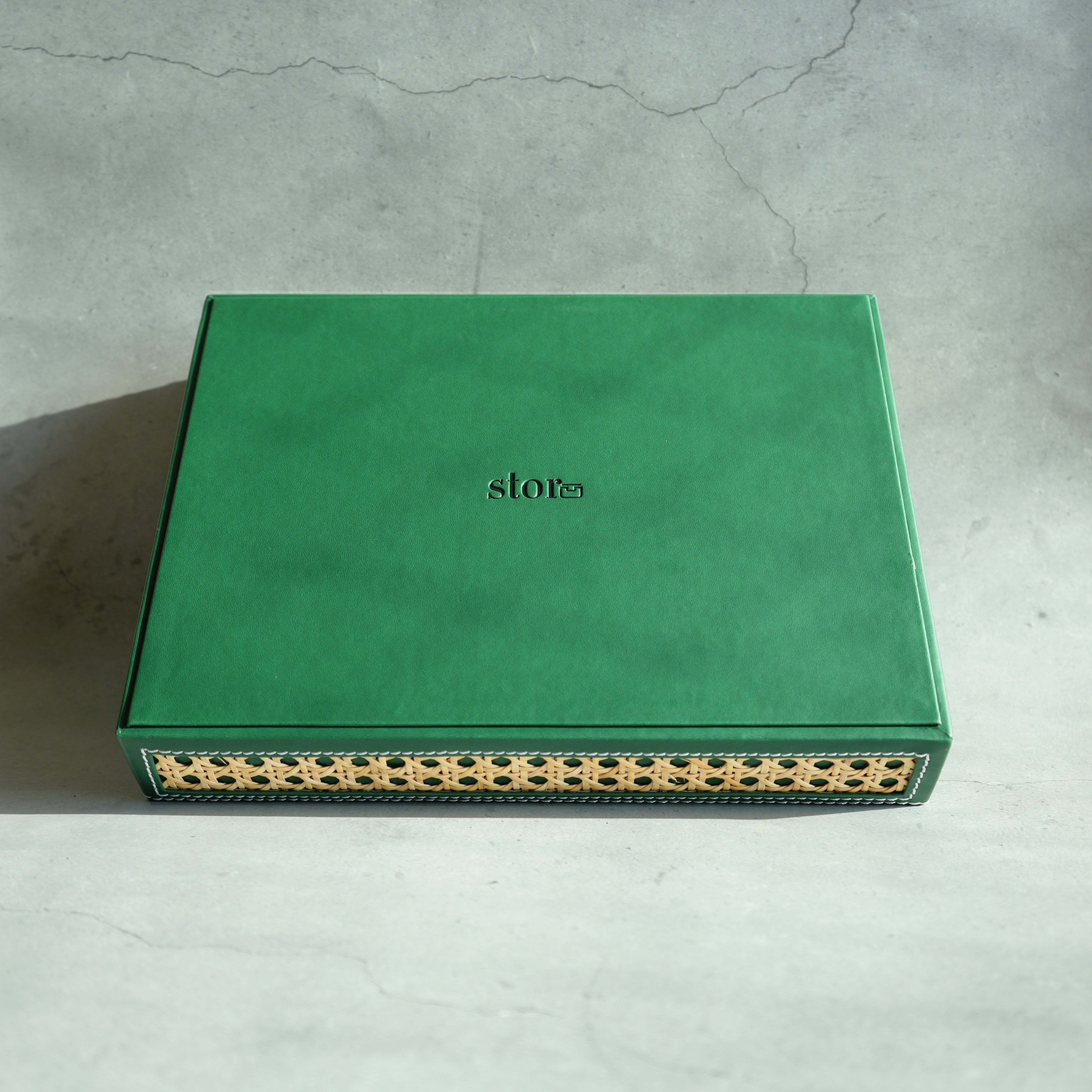 Emerald Green PU Leather & Rattan Serving Tray - Medium