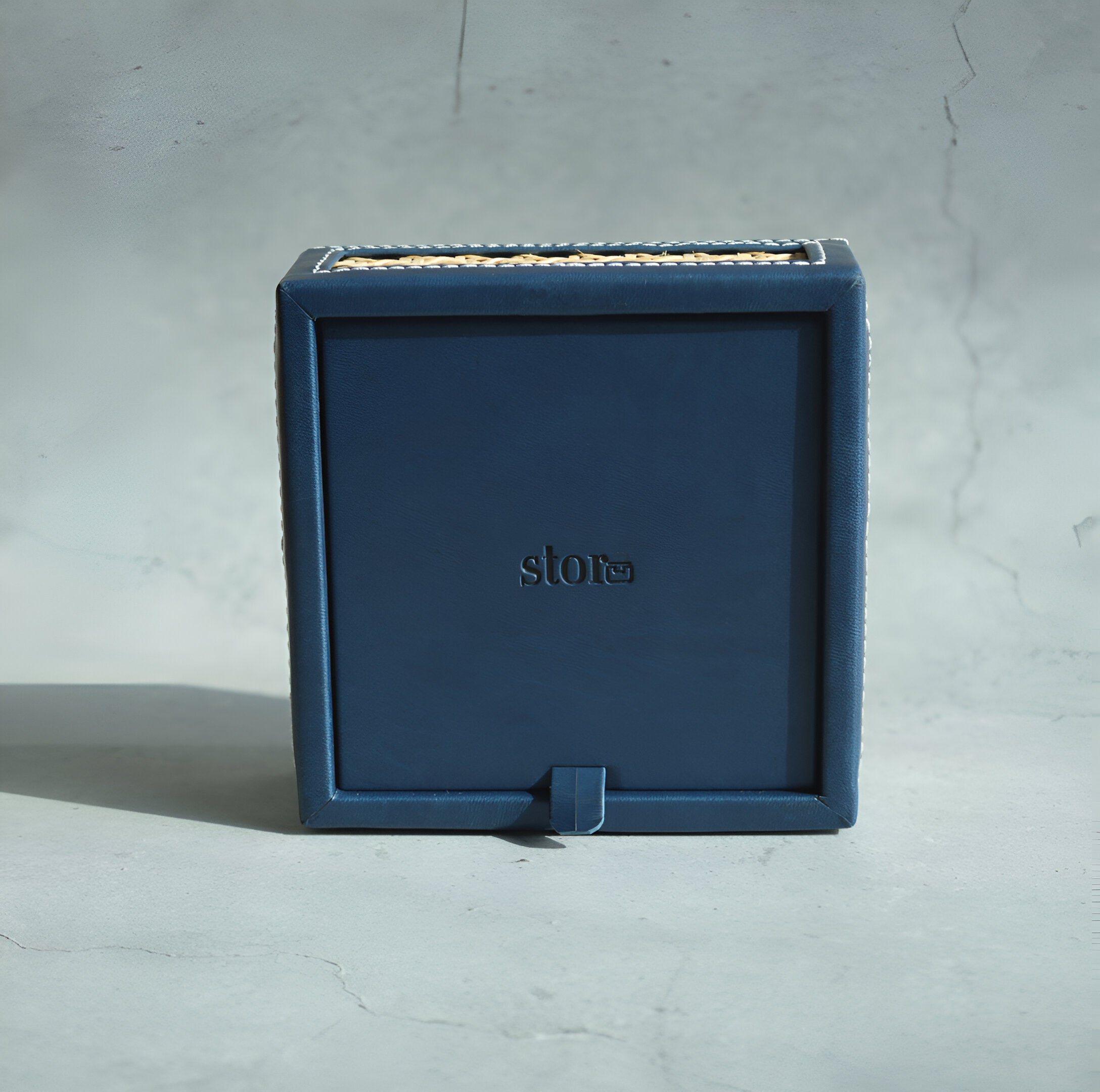 Steel Blue PU Leather & Rattan Tissue Box - Square