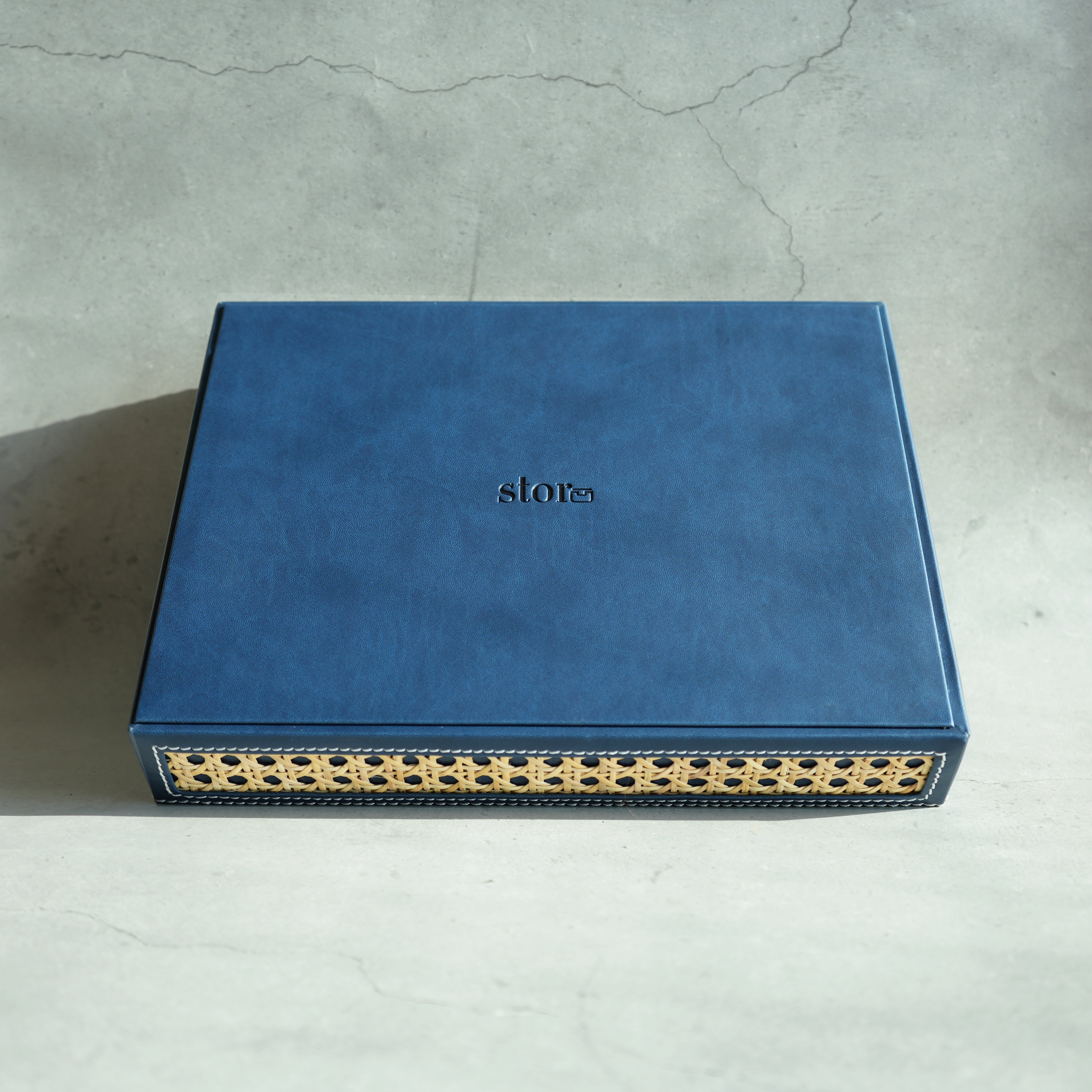 Steel Blue PU Leather & Rattan Serving Tray - Medium
