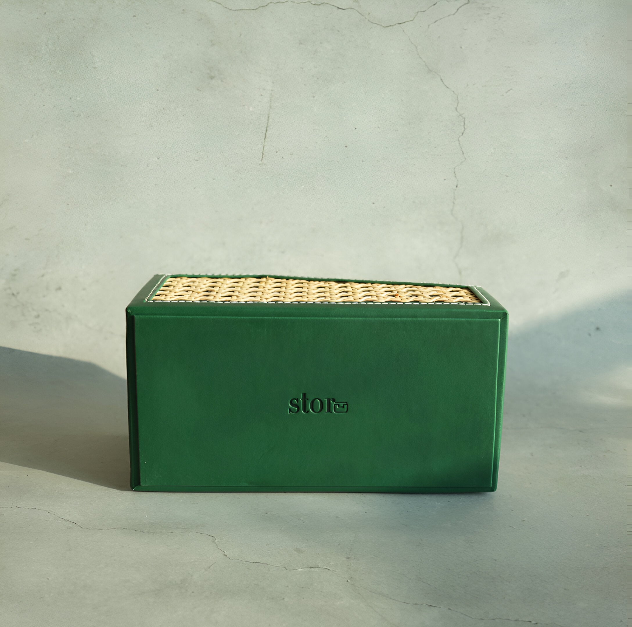 Emerald Green PU Leather & Rattan Remote Control Organiser