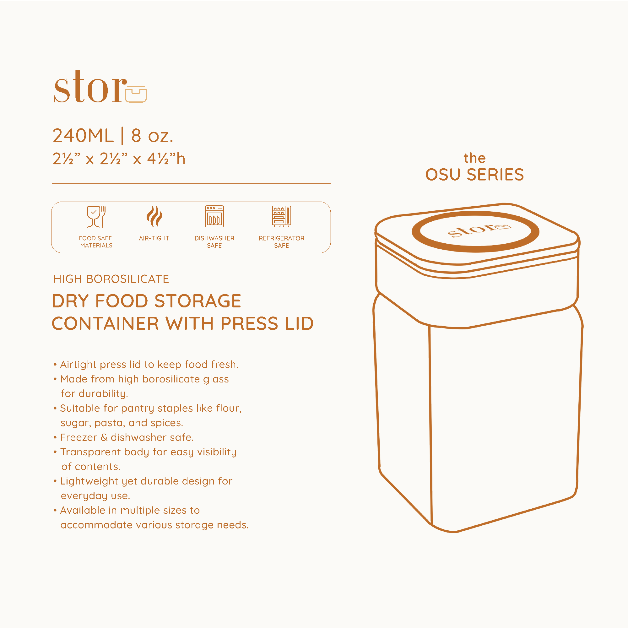 Glass Storage Container with Press Lid- 240ML