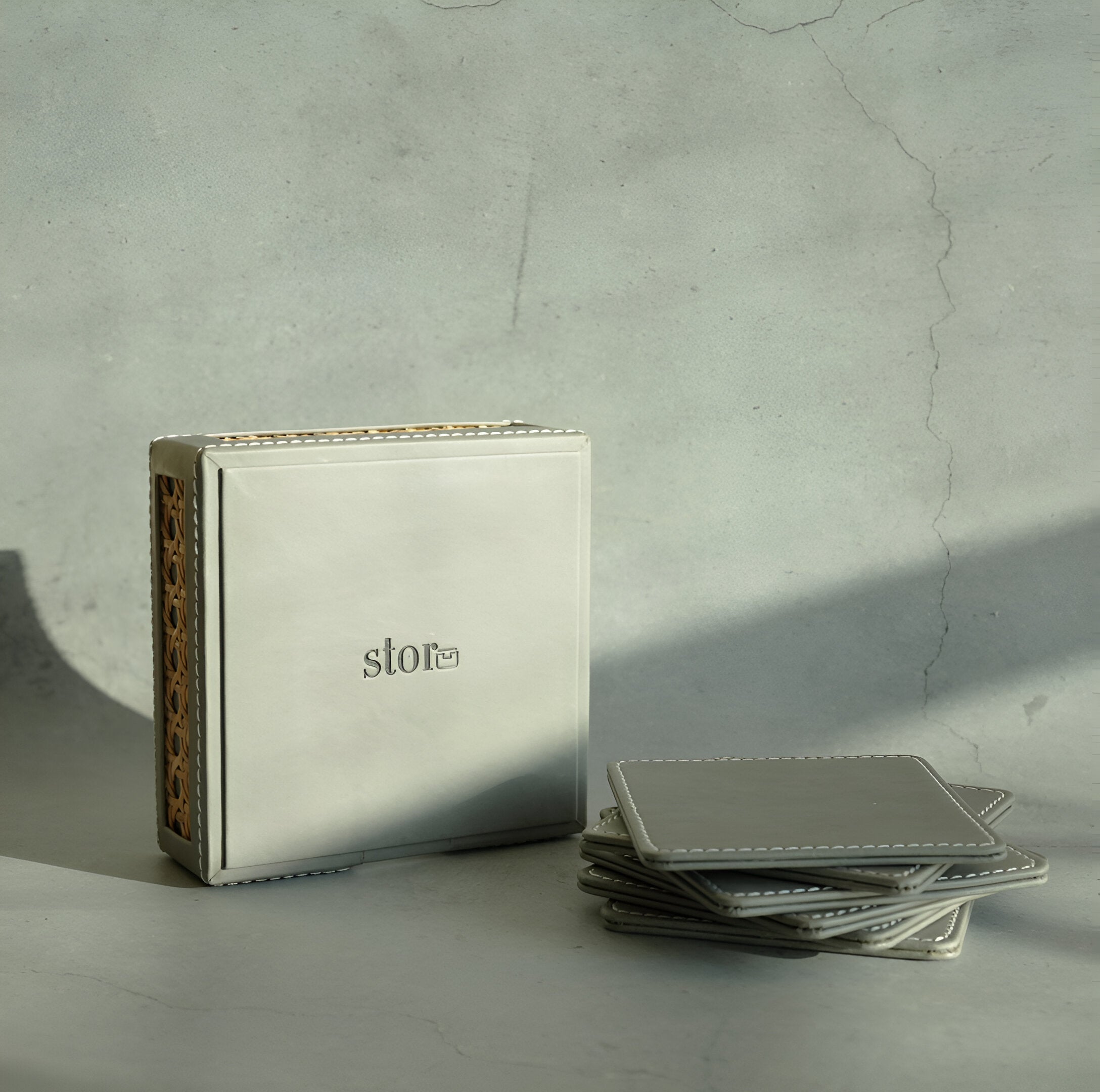 Stone Gray PU Leather & Rattan Coasters - Set of 6