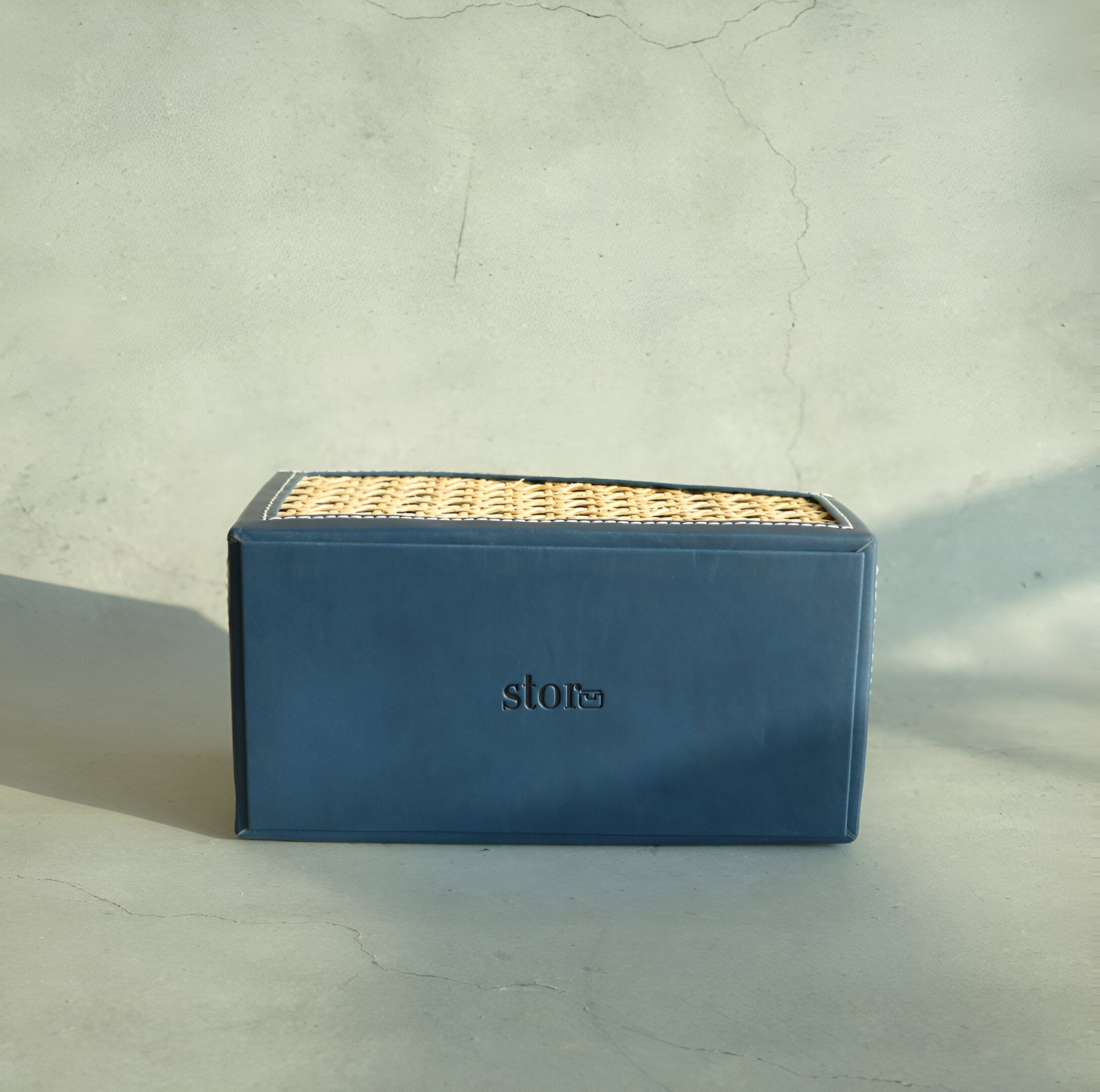 Steel Blue PU Leather & Rattan Remote Control Organiser
